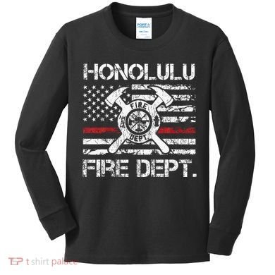 Honolulu Hawaii Fire Department Thin Red Line Fireman Kids Long Sleeve Shirt