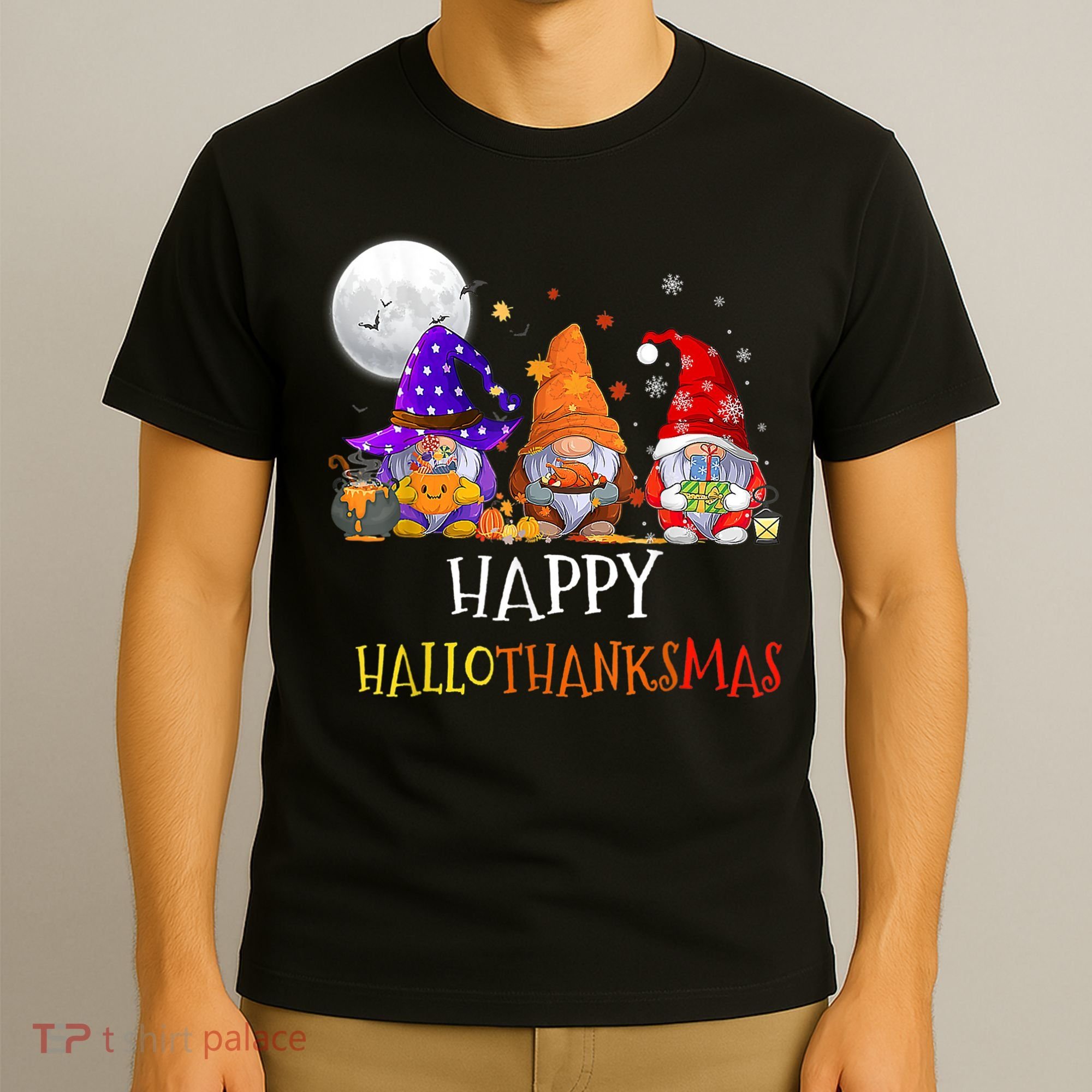 Happy Hallothanksmas Gnomes Halloween Christmas Thanksgiving T-Shirt