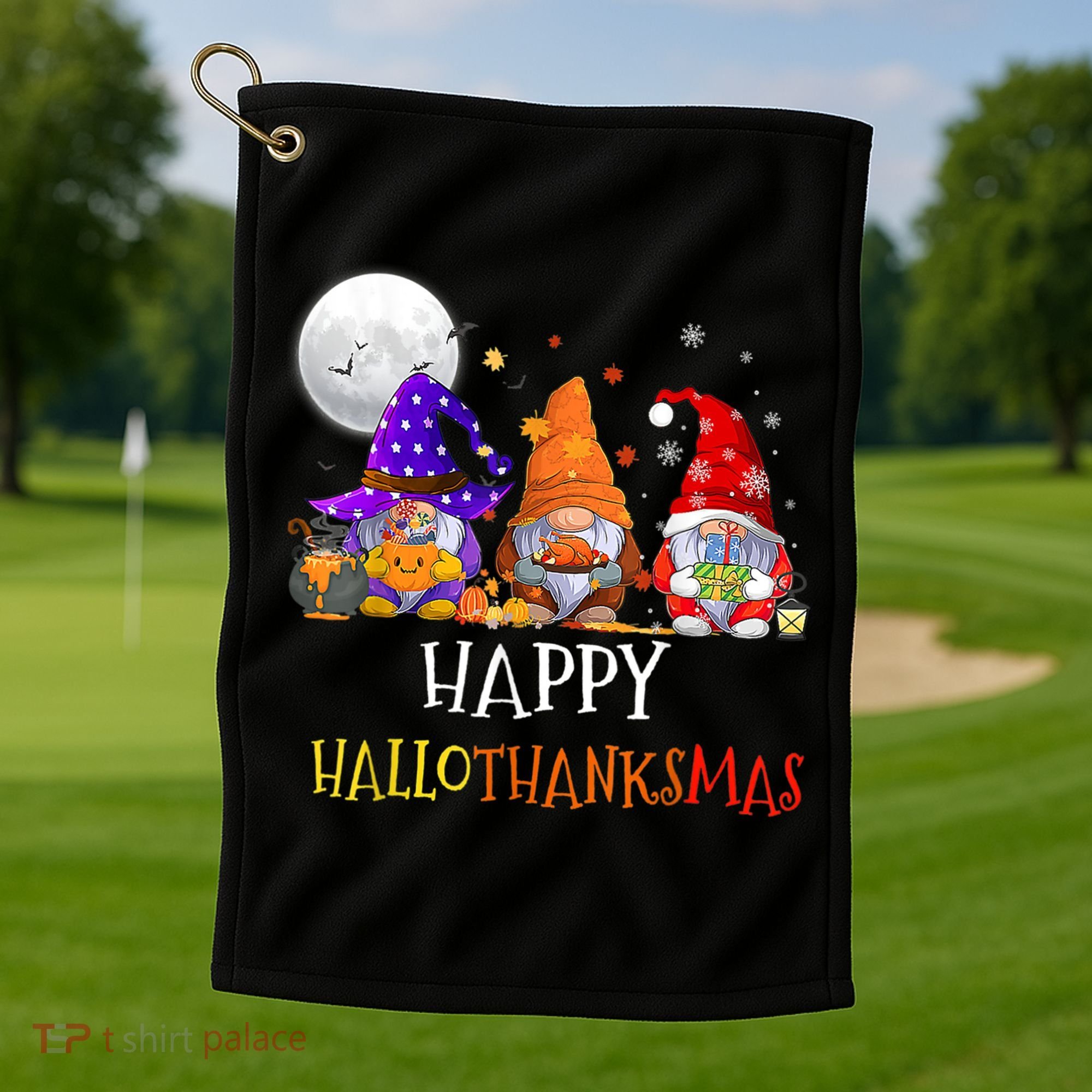 Happy Hallothanksmas Gnomes Halloween Christmas Thanksgiving Golf Towel