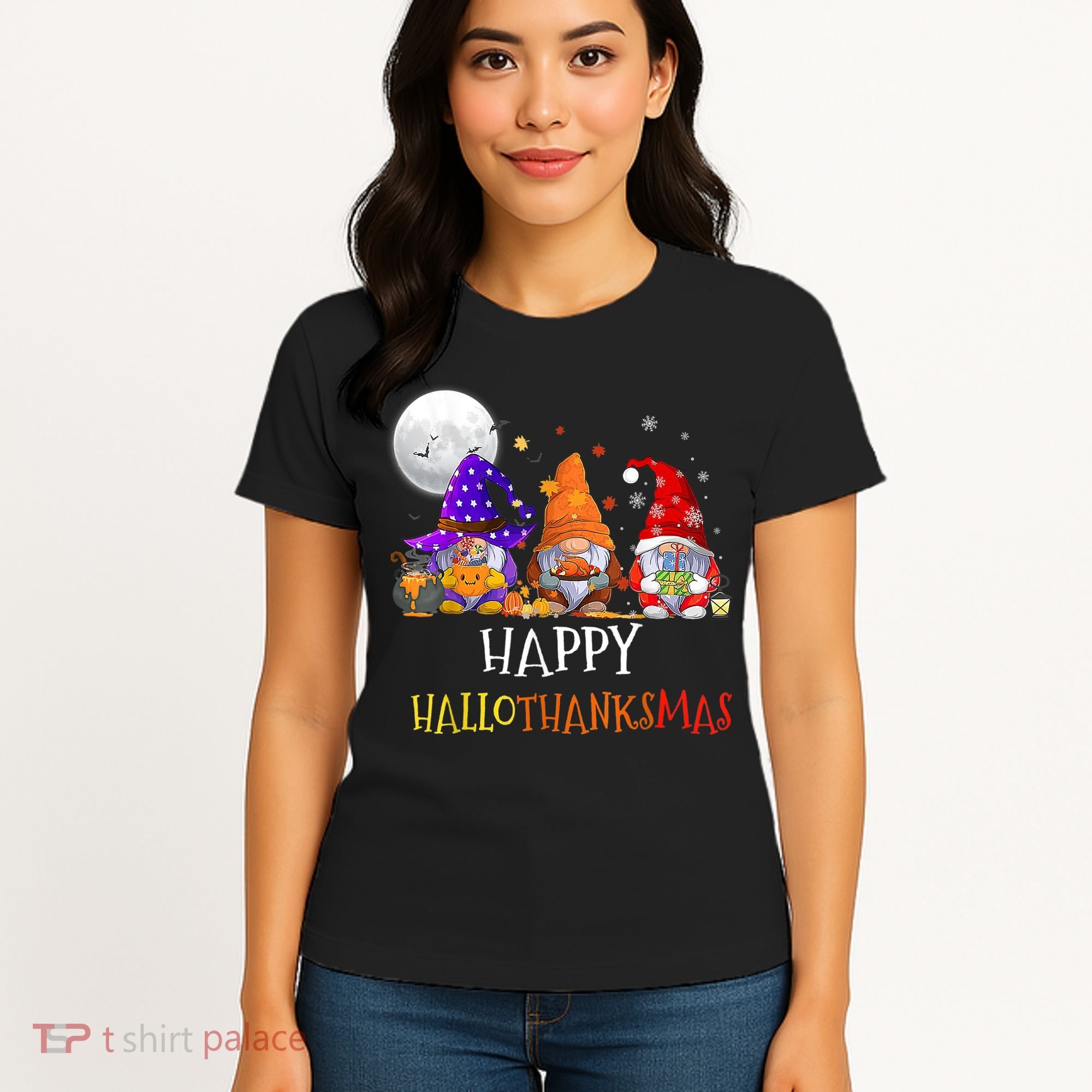 Happy Hallothanksmas Gnomes Halloween Christmas Thanksgiving Women's T-Shirt