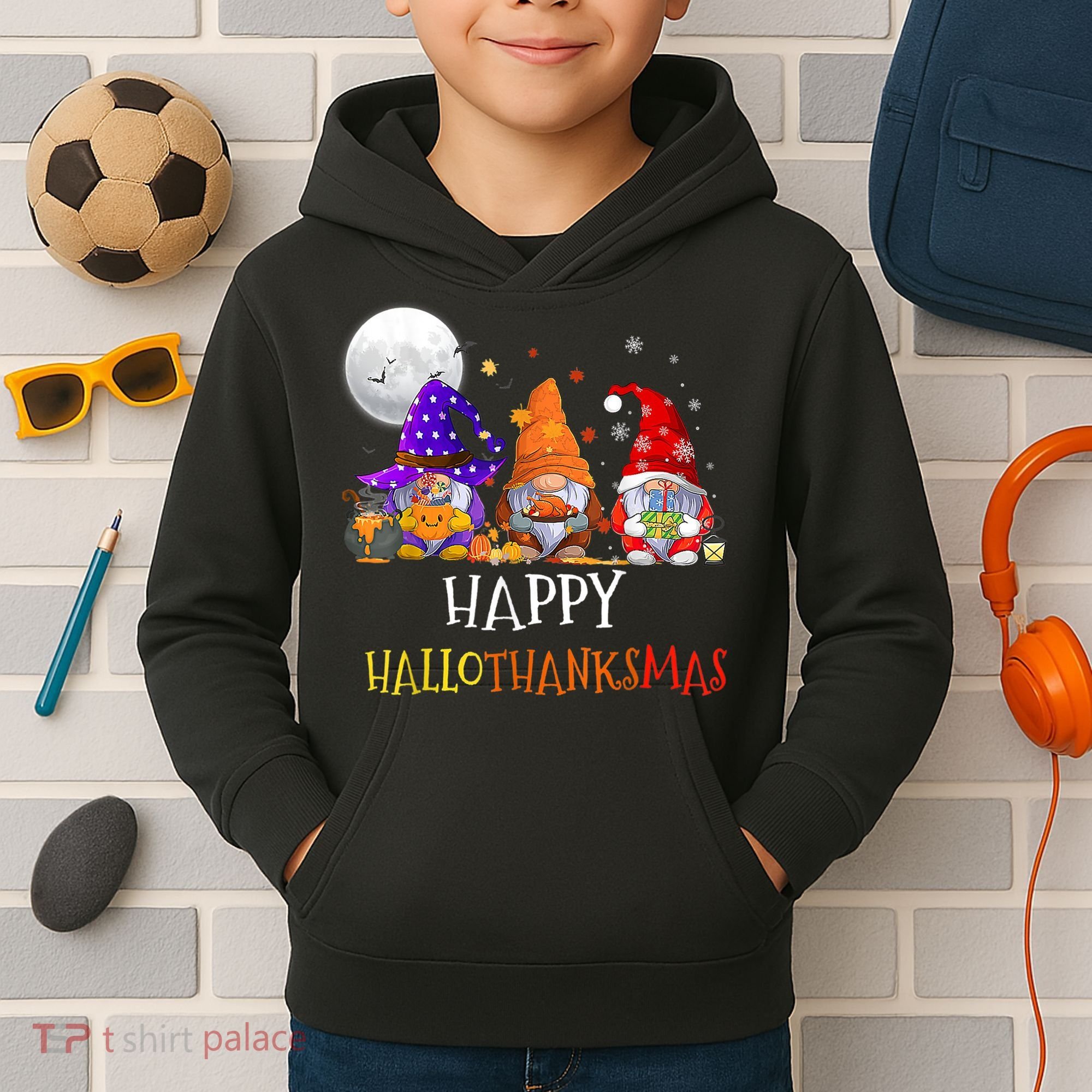 Happy Hallothanksmas Gnomes Halloween Christmas Thanksgiving Kids Hoodie