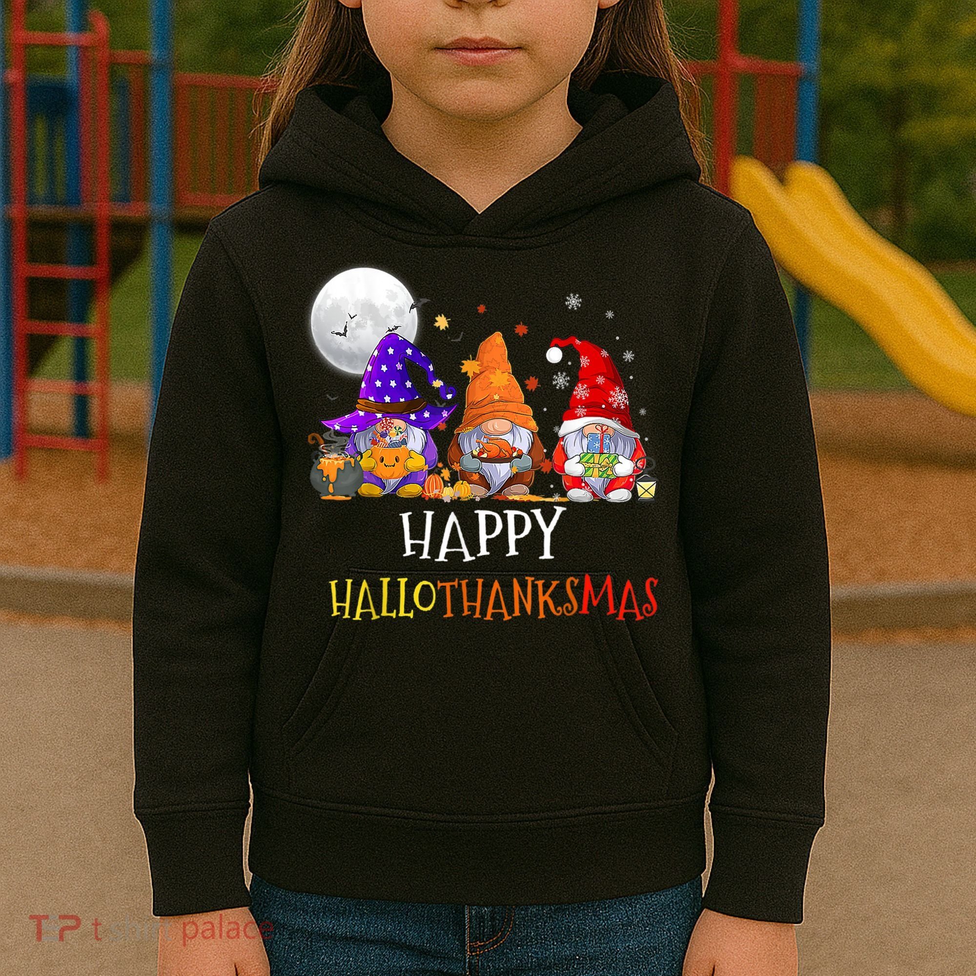 Happy Hallothanksmas Gnomes Halloween Christmas Thanksgiving Kids Hoodie