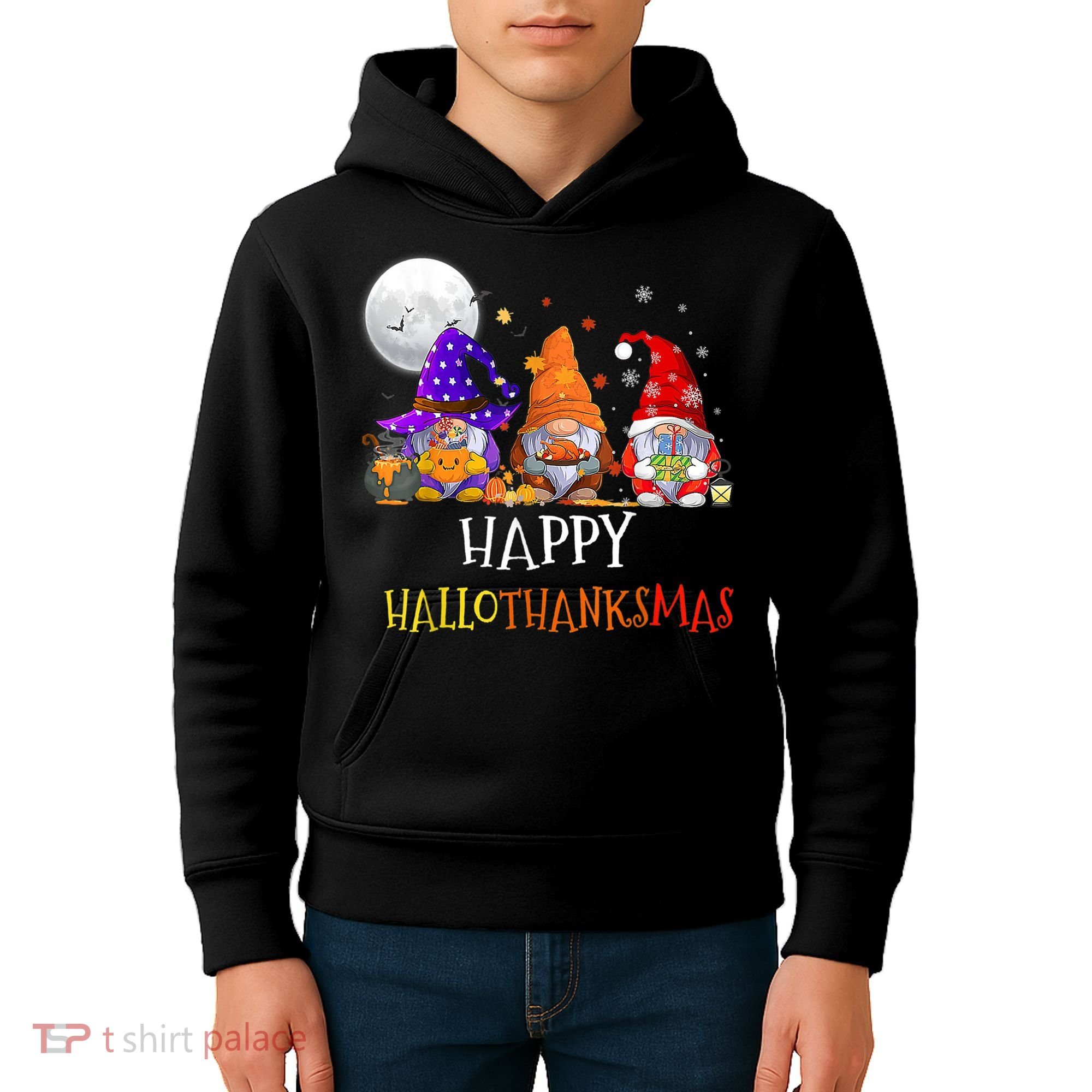 Happy Hallothanksmas Gnomes Halloween Christmas Thanksgiving Kids Hoodie