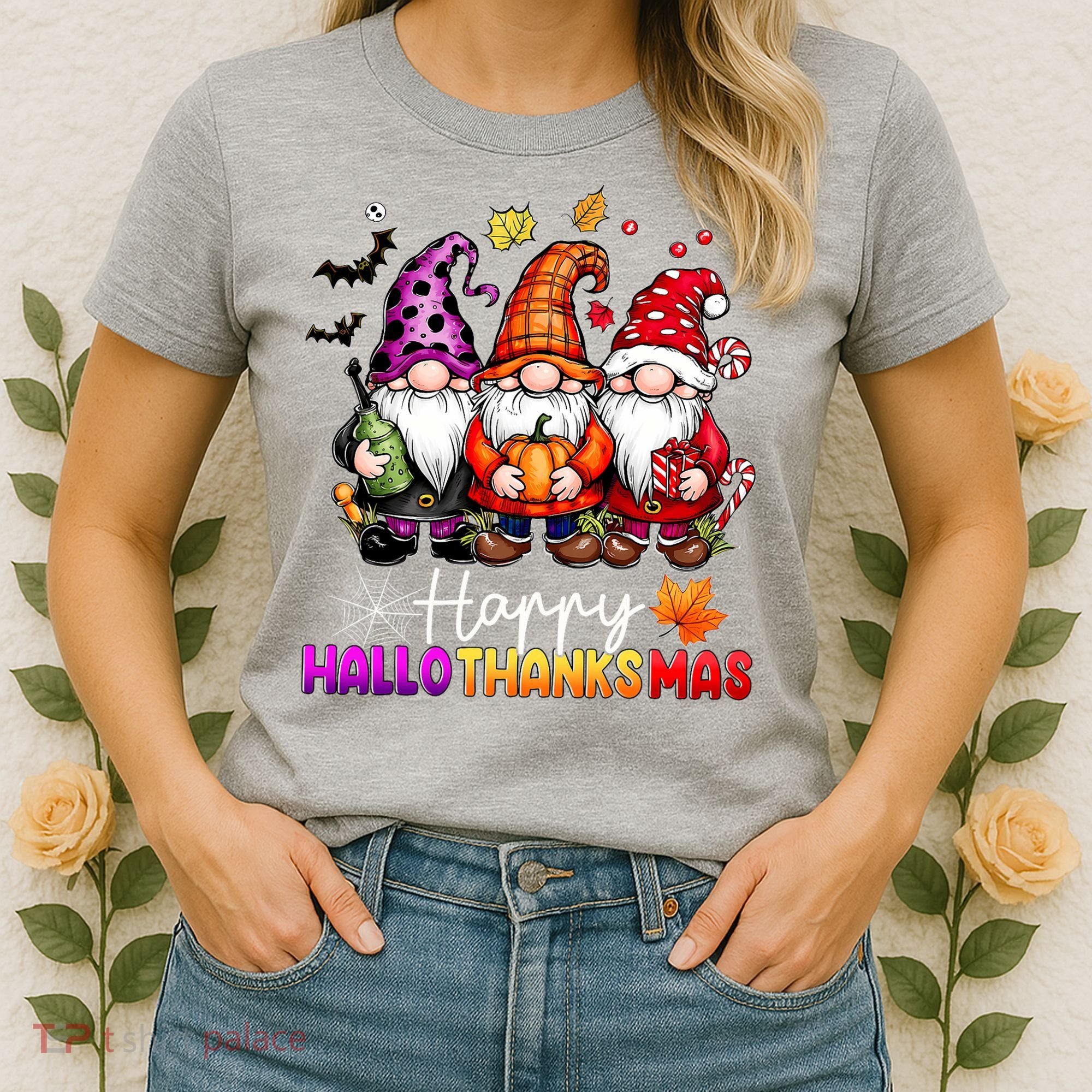Happy Hallothanksmas Gnomes Lover Halloween Merry Christmas Women's T-Shirt