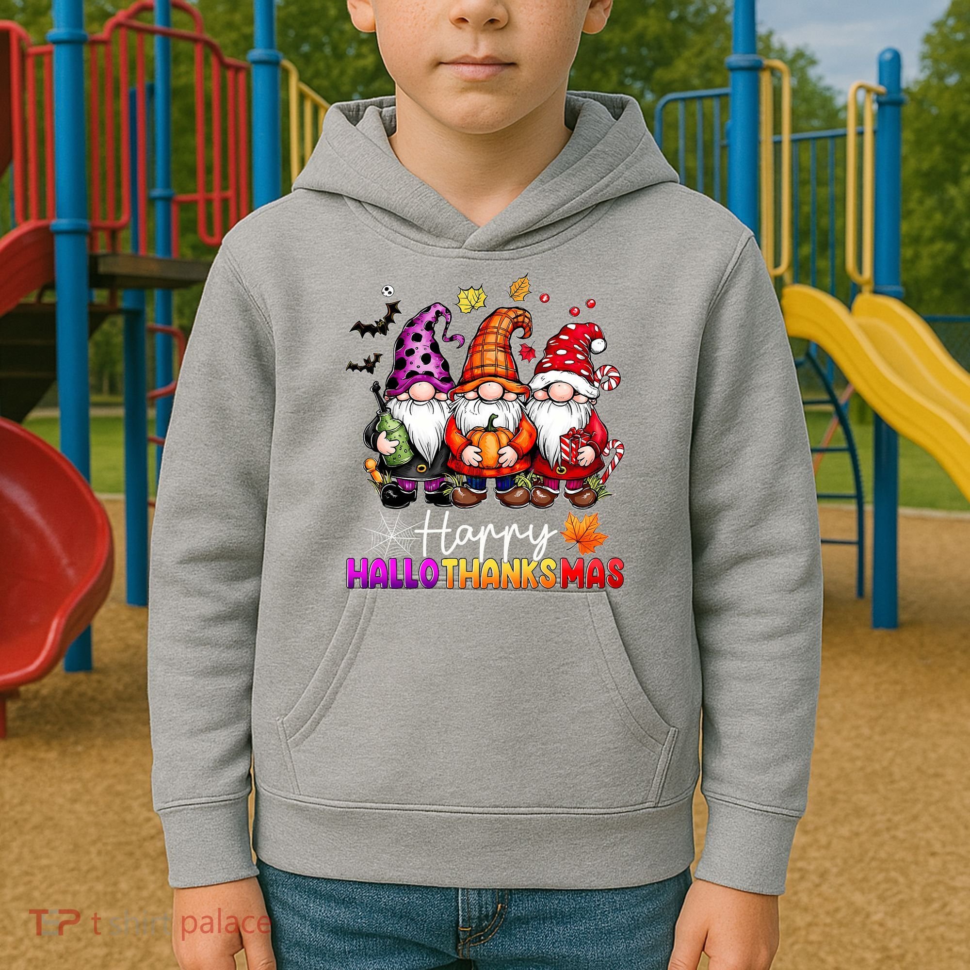 Happy Hallothanksmas Gnomes Lover Halloween Merry Christmas Kids Hoodie