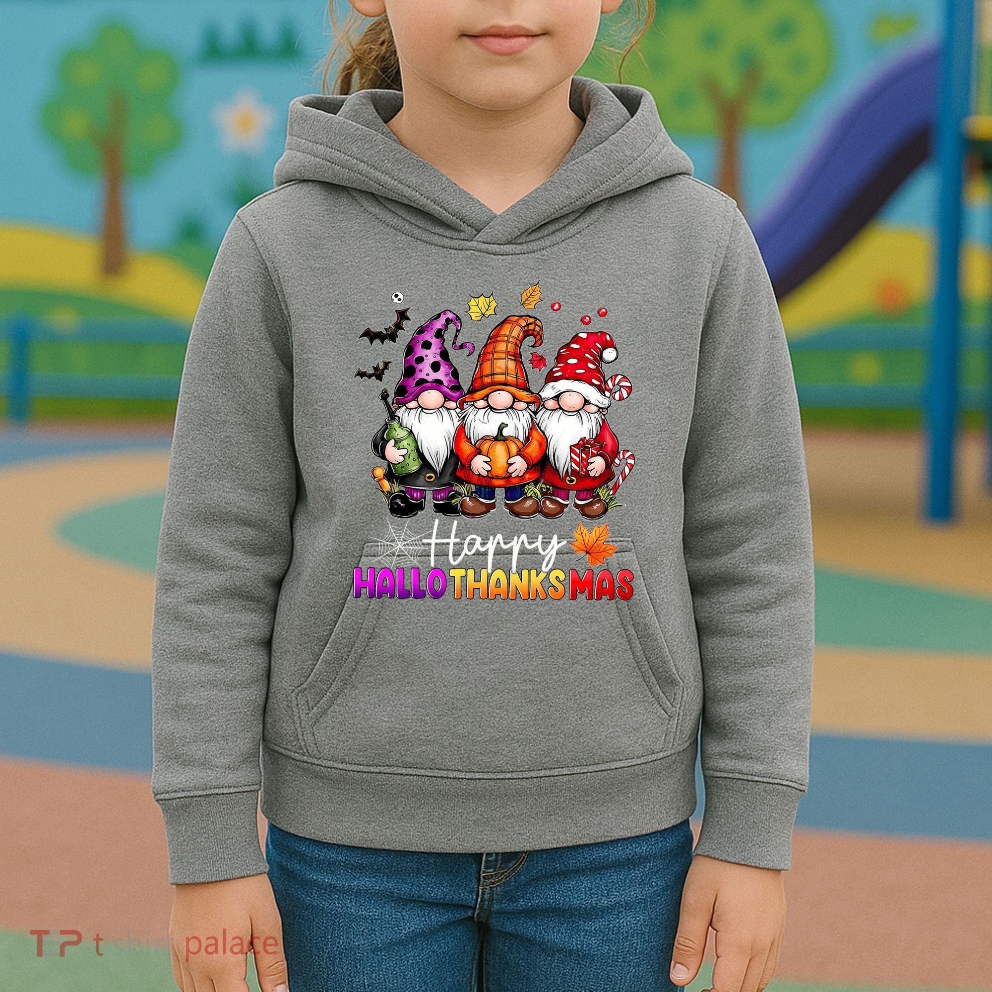 Happy Hallothanksmas Gnomes Lover Halloween Merry Christmas Kids Hoodie