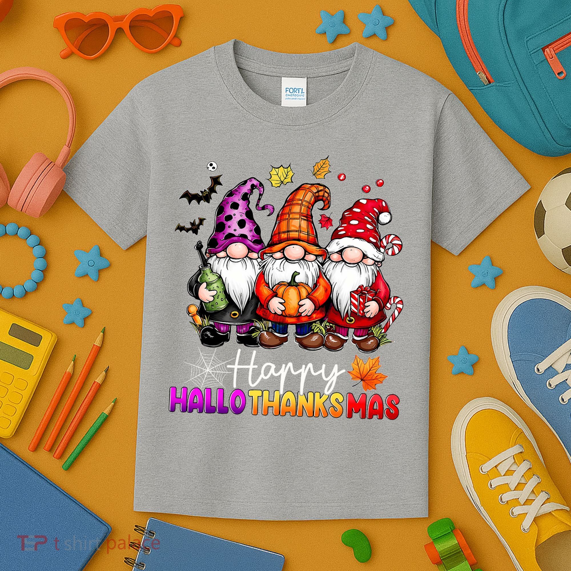 Happy Hallothanksmas Gnomes Lover Halloween Merry Christmas Kids T-Shirt
