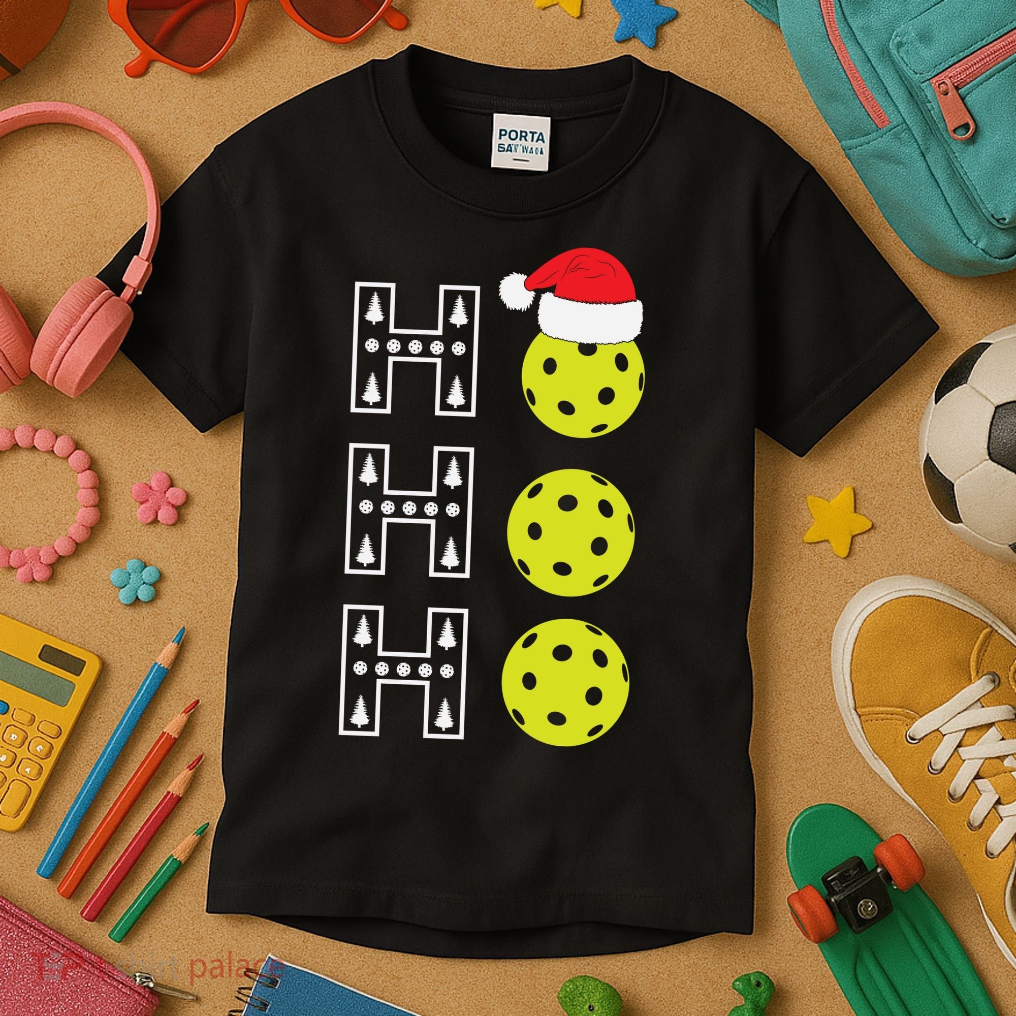Ho Ho Ho Pickleball Christmas Santa Hat Holiday Kids T-Shirt