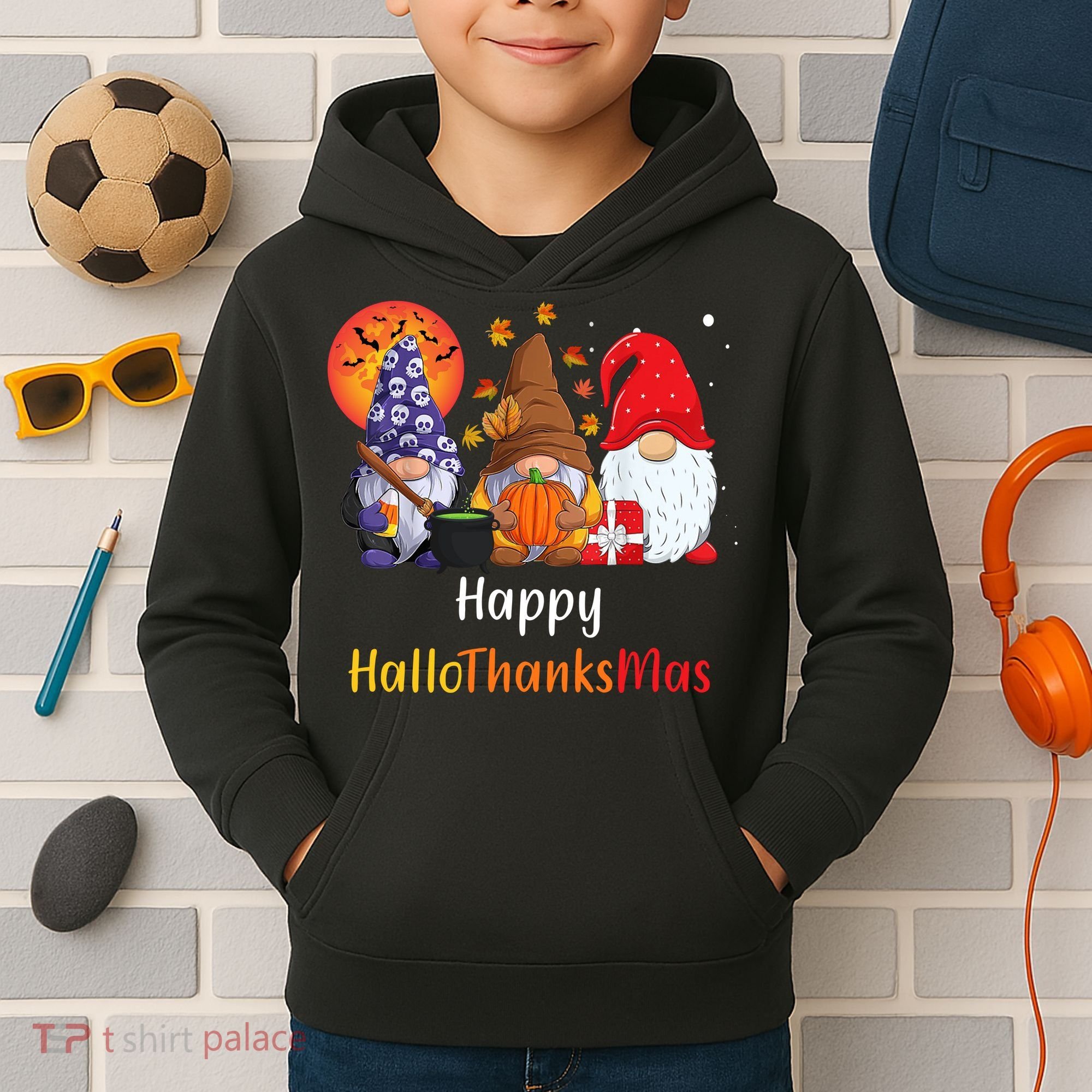 Happy Hallothanksmas Holiday Gnomes Kids Hoodie