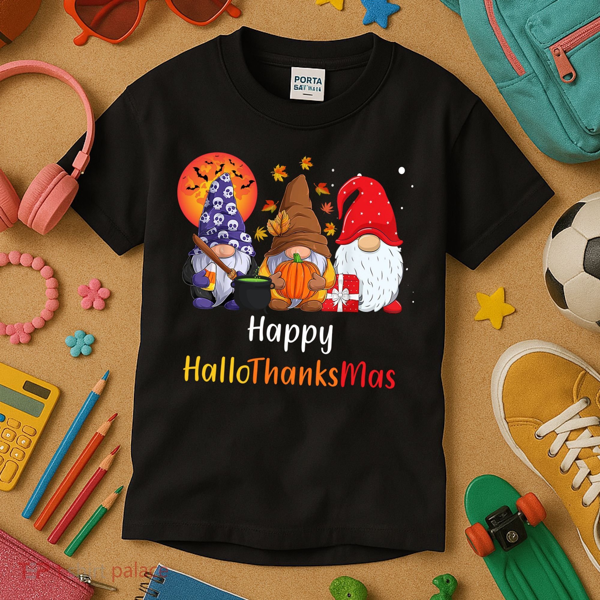 Happy Hallothanksmas Holiday Gnomes Kids T-Shirt