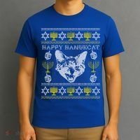 Happy Hanukcat Hannukah Jewish Cat Ugly Christmas Sweater Gift T-Shirt thumb 3