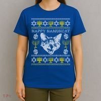 Happy Hanukcat Hannukah Jewish Cat Ugly Christmas Sweater Gift T-Shirt thumb 4