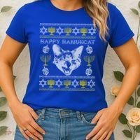 Happy Hanukcat Hannukah Jewish Cat Ugly Christmas Sweater Gift Women's T-Shirt thumb 2