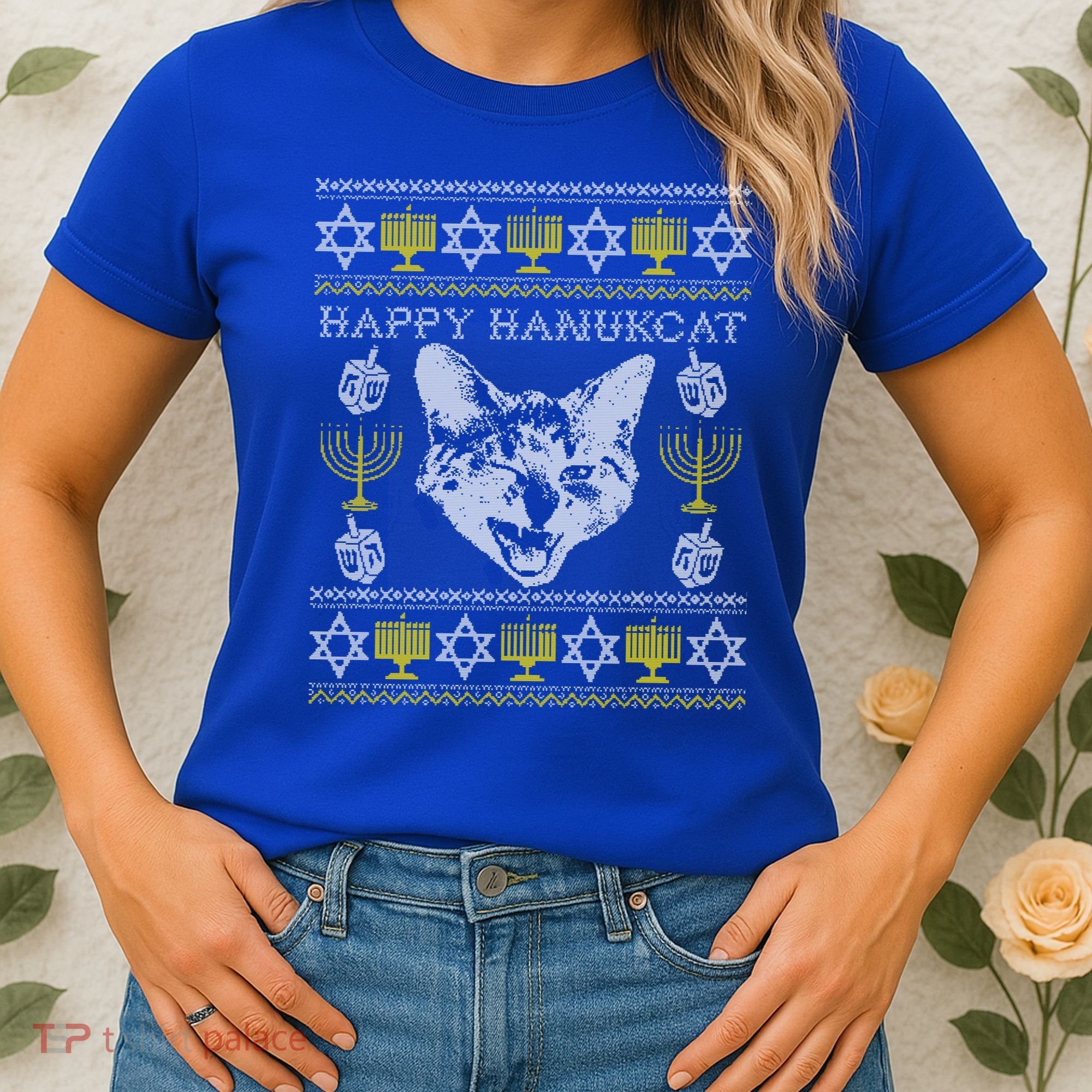 Happy Hanukcat Hannukah Jewish Cat Ugly Christmas Sweater Gift Women's T-Shirt