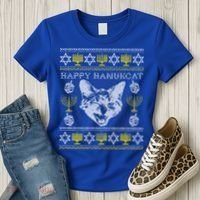 Happy Hanukcat Hannukah Jewish Cat Ugly Christmas Sweater Gift Women's T-Shirt thumb 3