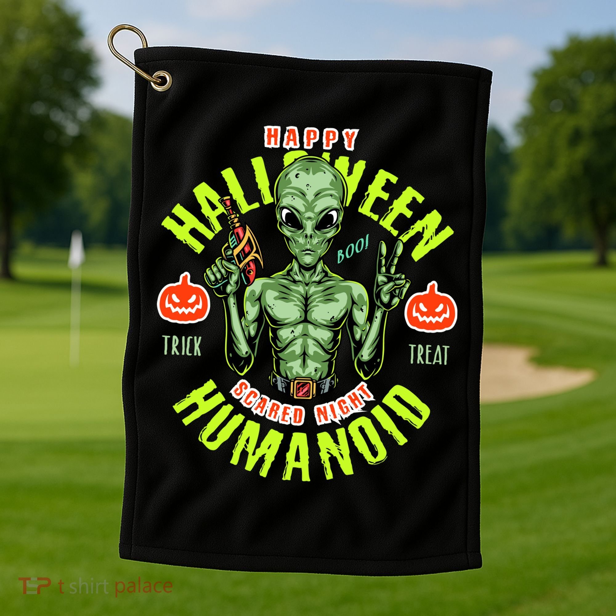 Happy Halloween Humanoid Alien Trick Or Treat Golf Towel