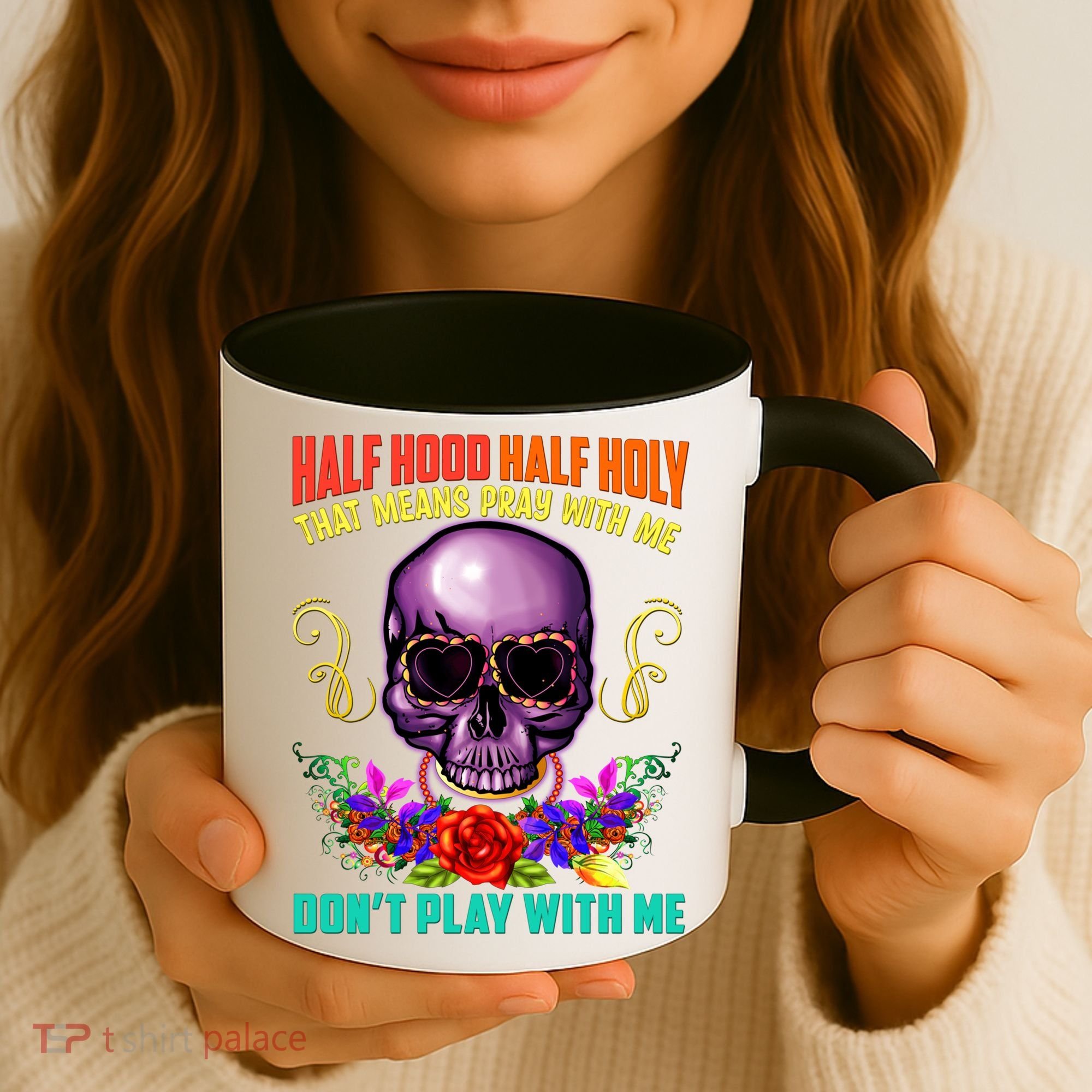 Half Hood Half Holy Funny Christian Retro Sugar Skull Cool Gift Coffee Mug