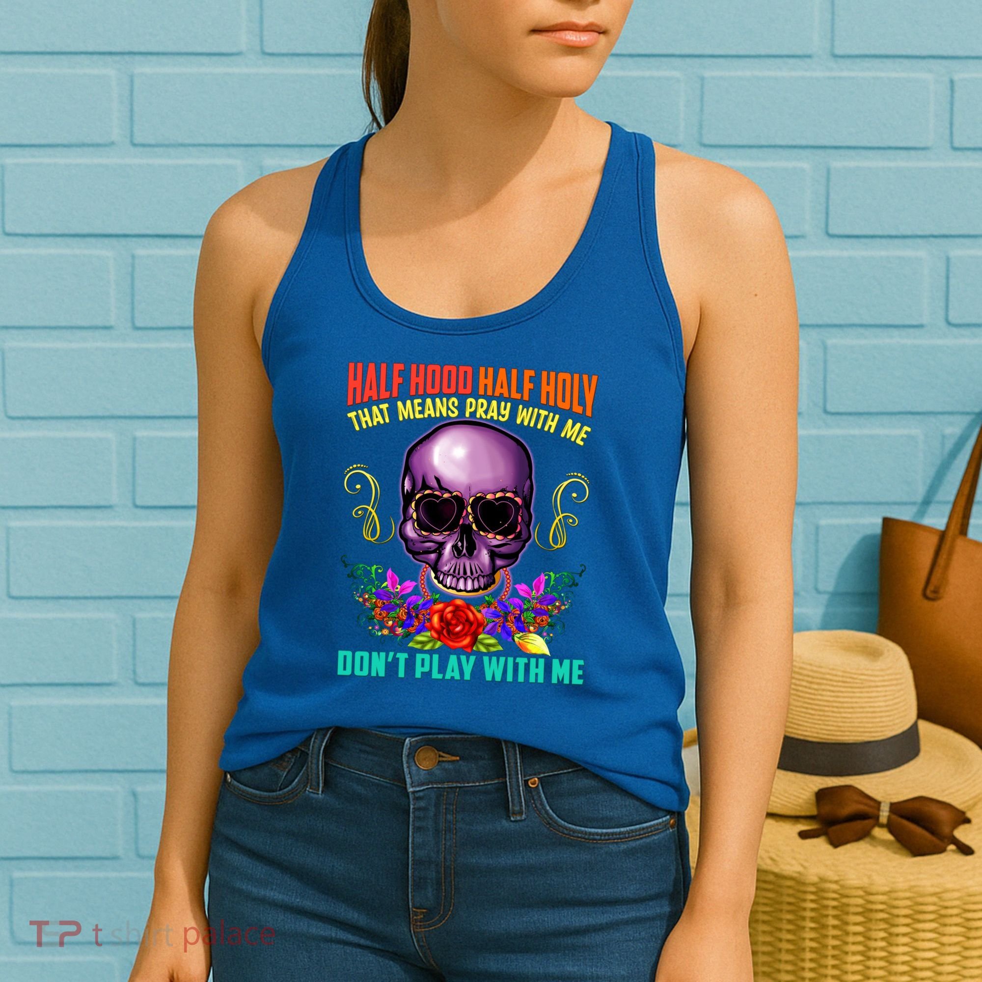 Half Hood Half Holy Funny Christian Retro Sugar Skull Cool Gift Women's Tank Top