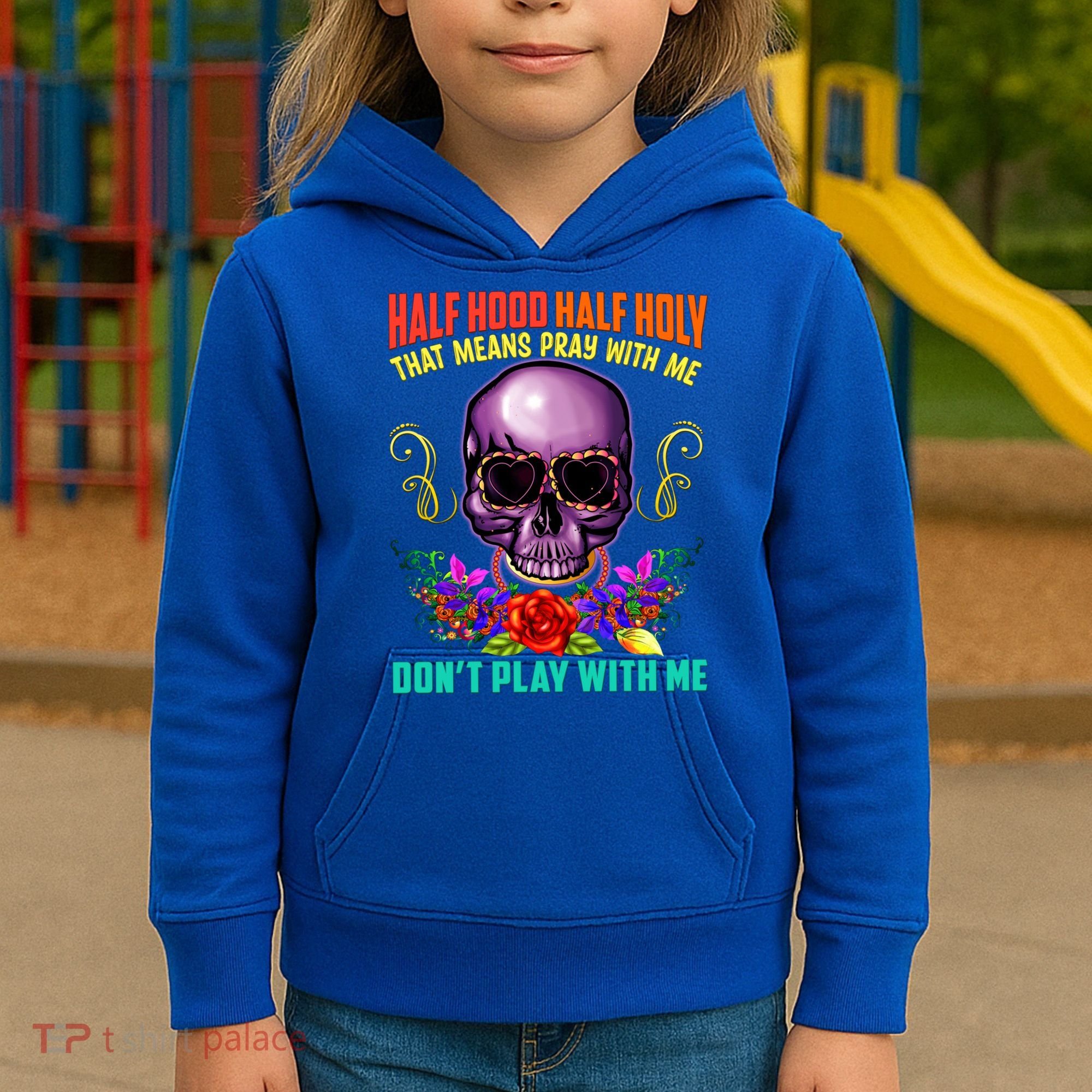 Half Hood Half Holy Funny Christian Retro Sugar Skull Cool Gift Kids Hoodie