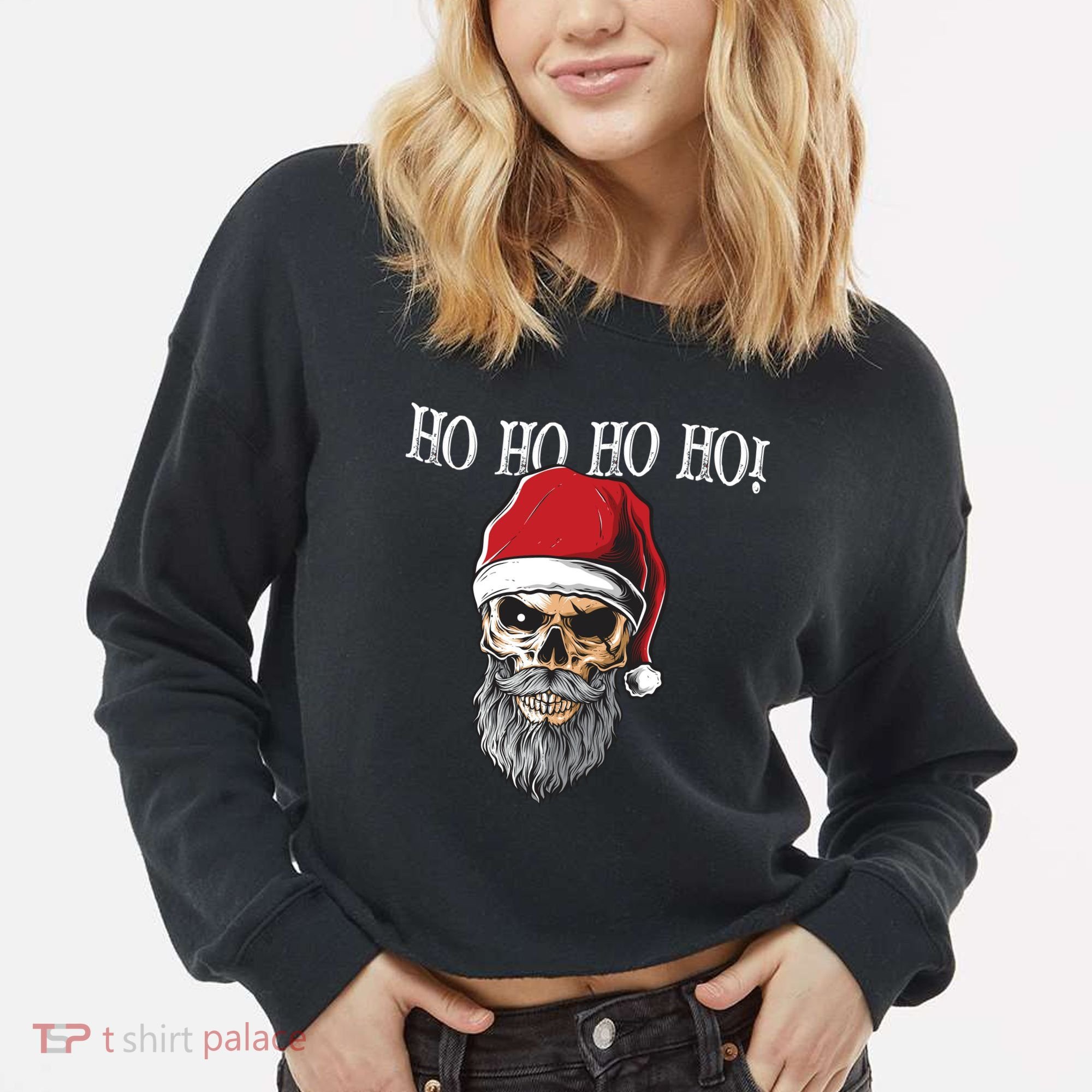 Ho Ho Ho Skeleton Bearded Skull Santa Cropped Pullover Crew