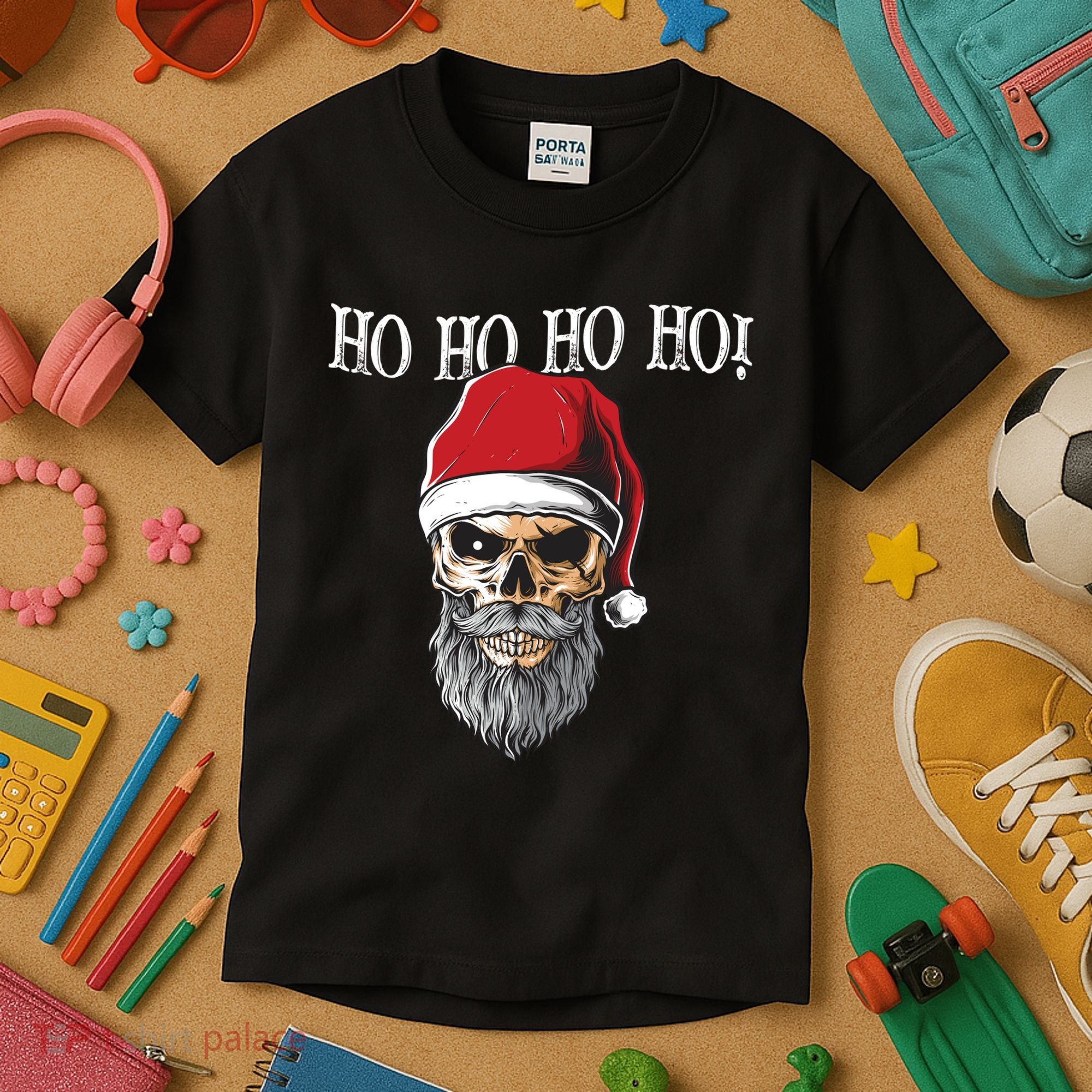 Ho Ho Ho Skeleton Bearded Skull Santa Kids T-Shirt