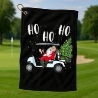 Ho Ho Ho Funny Santa On Golf Cart With Christmas Tree Golf Towel thumb 1