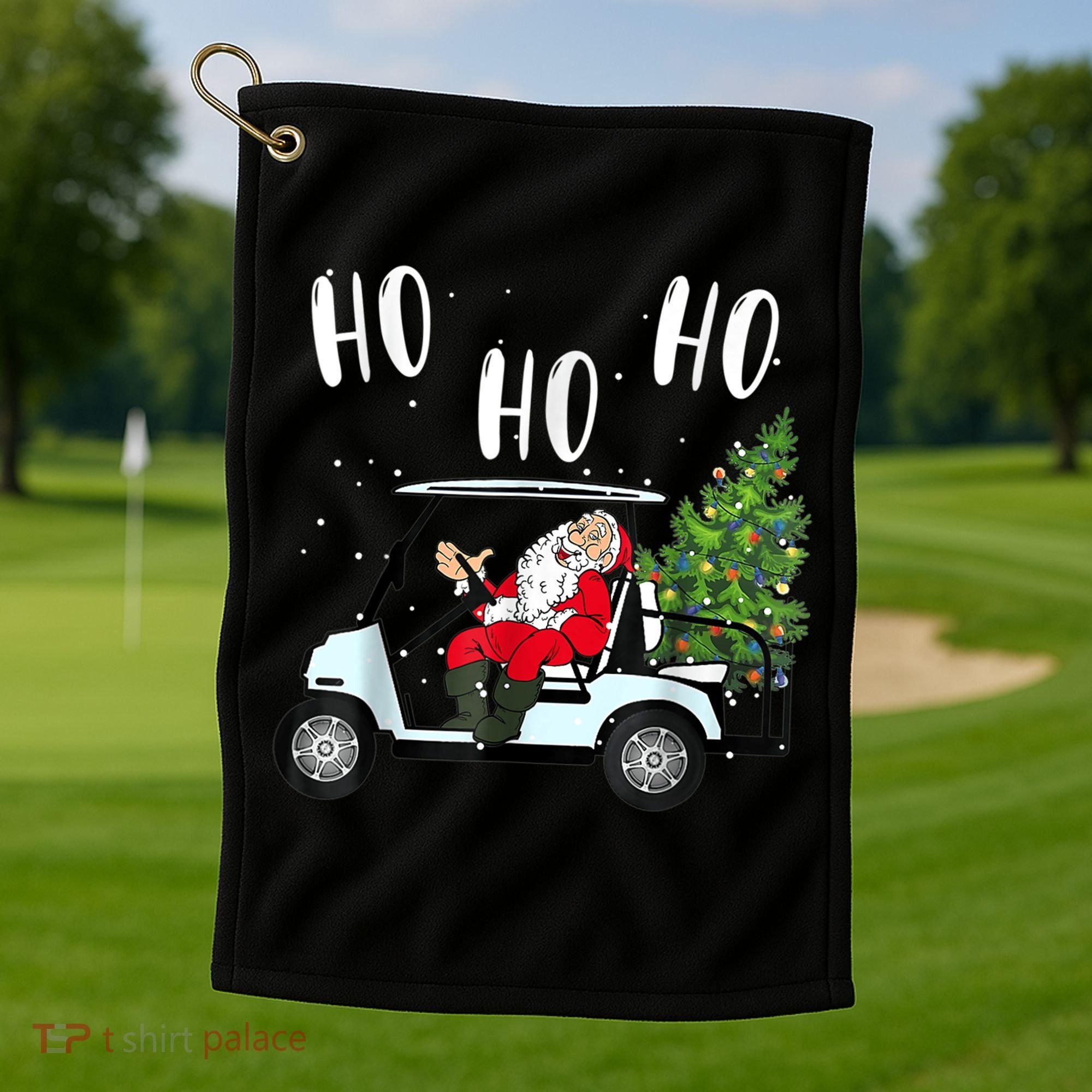 Ho Ho Ho Funny Santa On Golf Cart With Christmas Tree Golf Towel