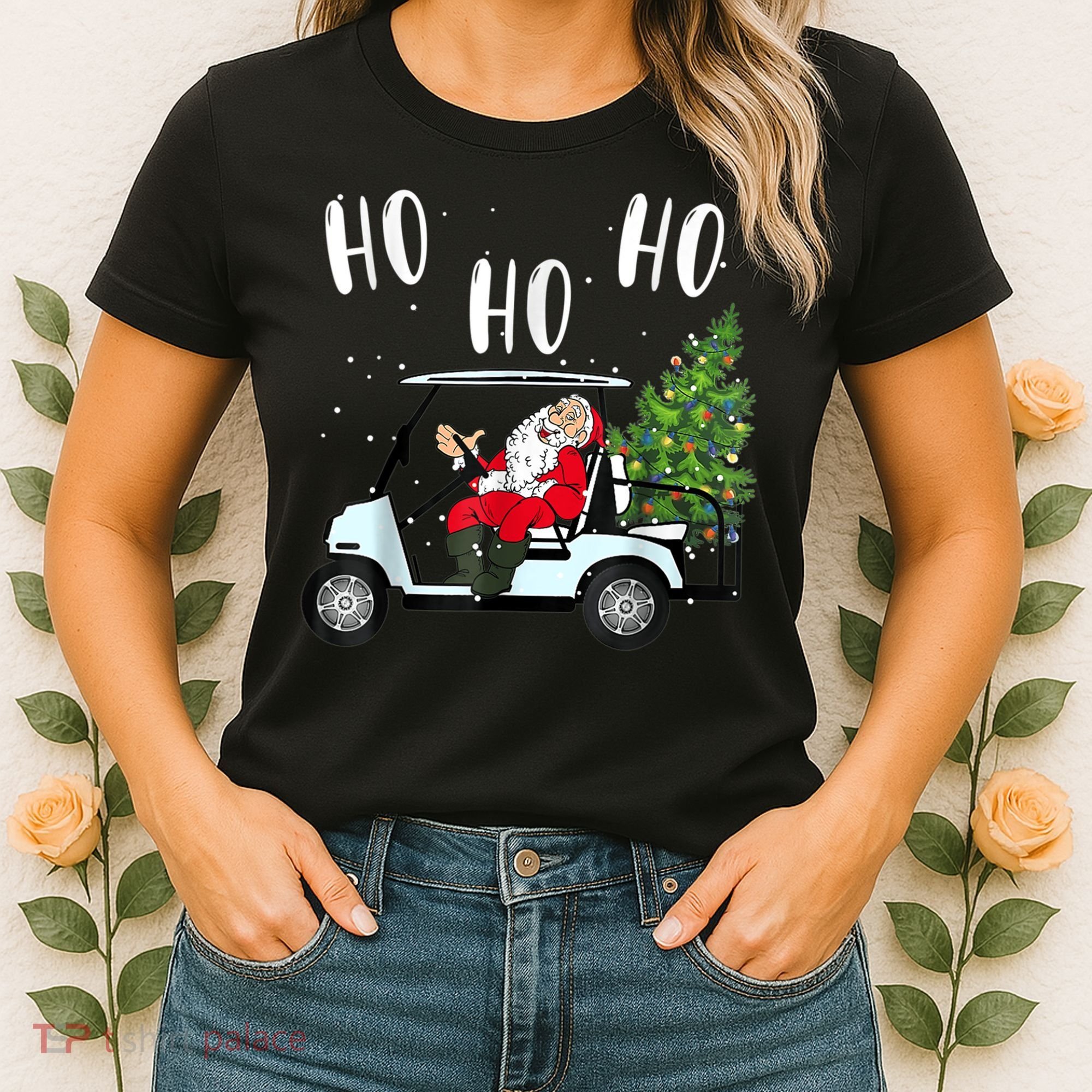 Ho Ho Ho Funny Santa On Golf Cart With Christmas Tree Women's T-Shirt