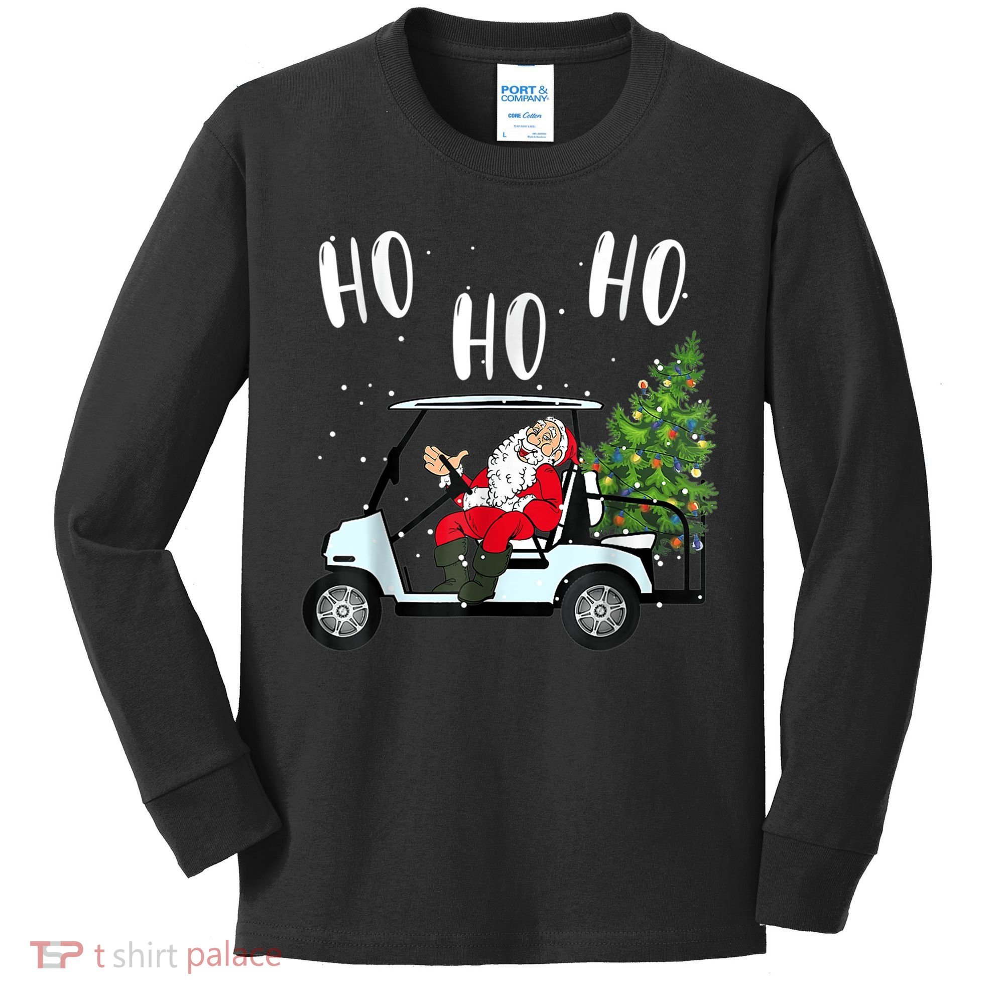 Ho Ho Ho Funny Santa On Golf Cart With Christmas Tree Kids Long Sleeve Shirt