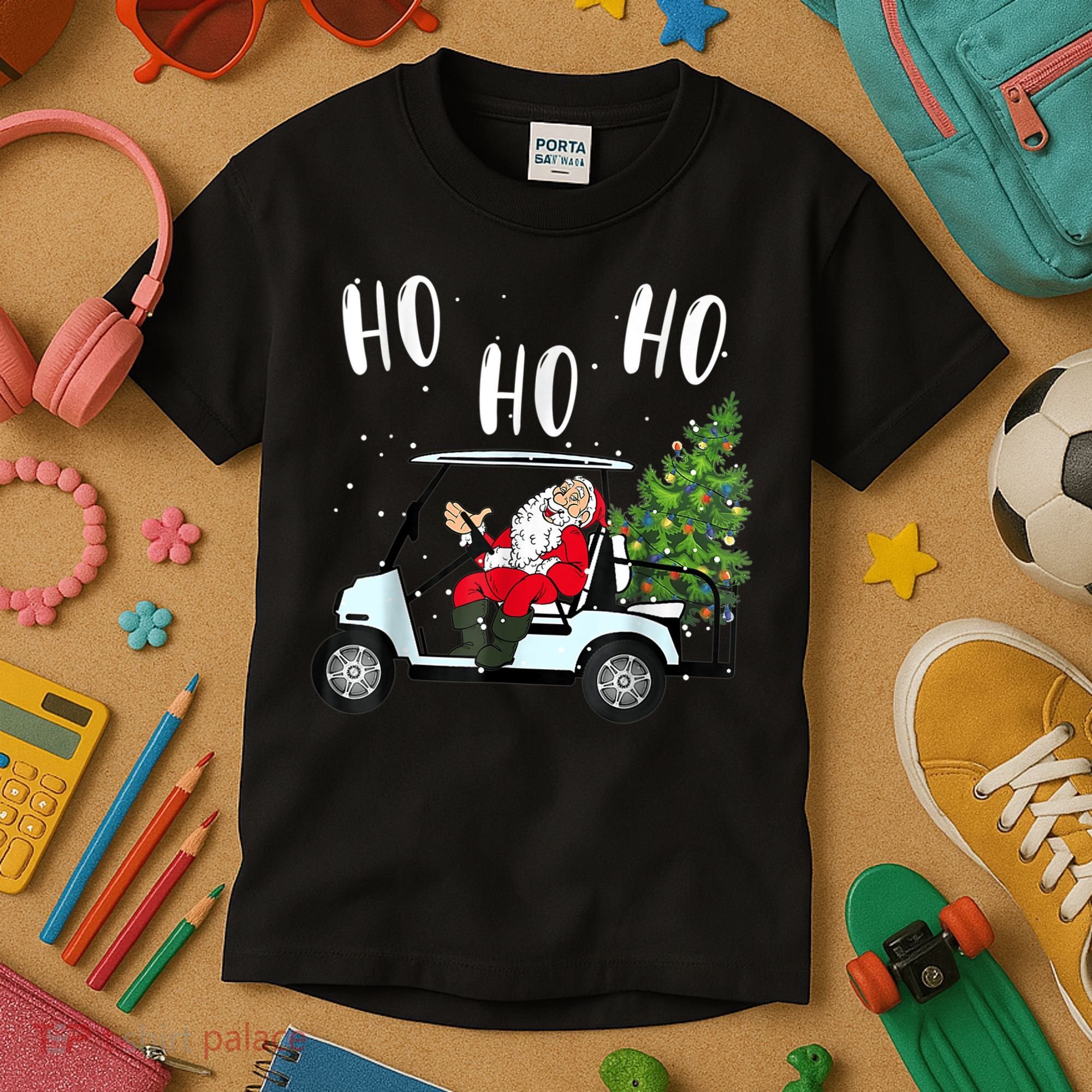 Ho Ho Ho Funny Santa On Golf Cart With Christmas Tree Kids T-Shirt