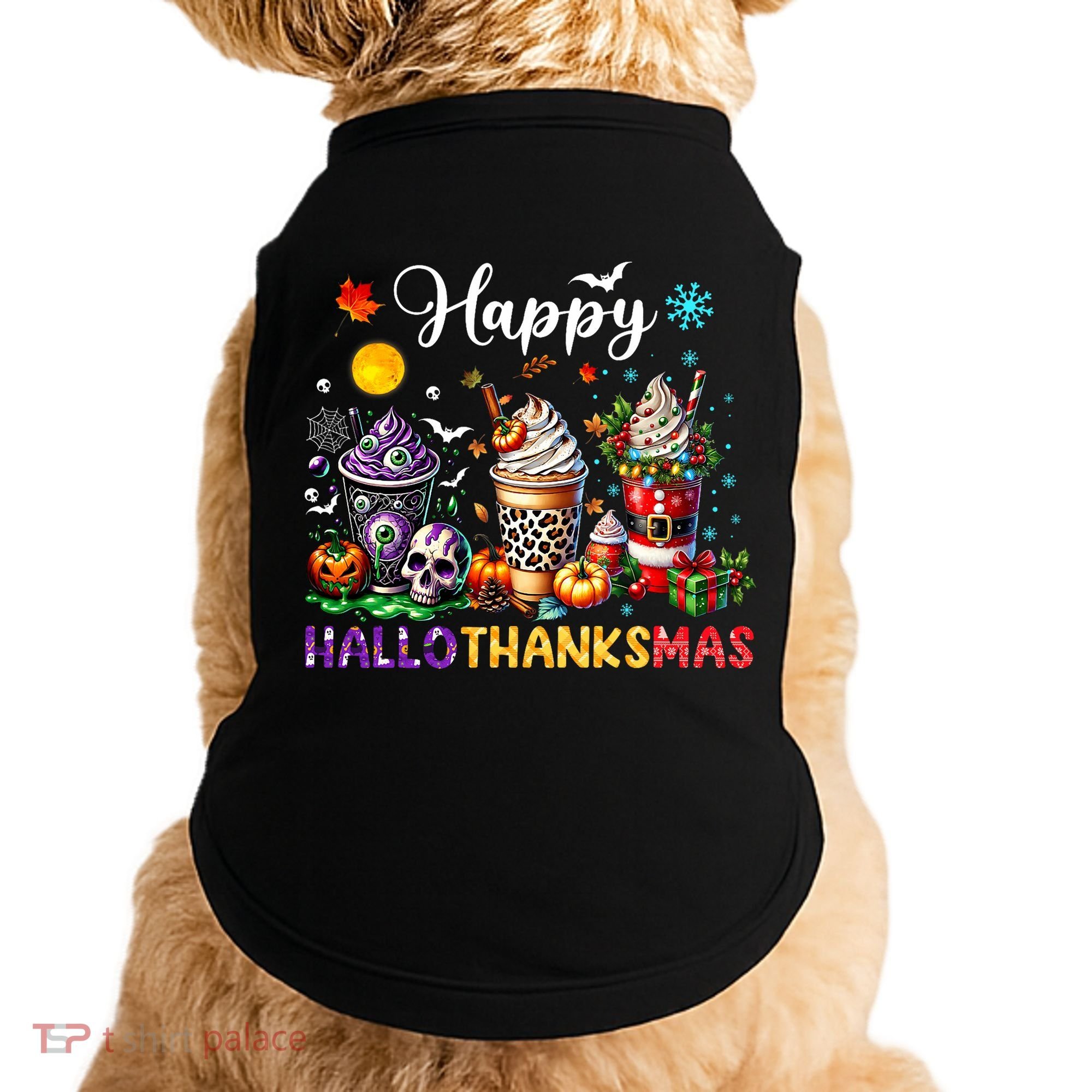 Happy Hallothanksmas Halloween Coffee Latte Thanksgiving Doggie Tank