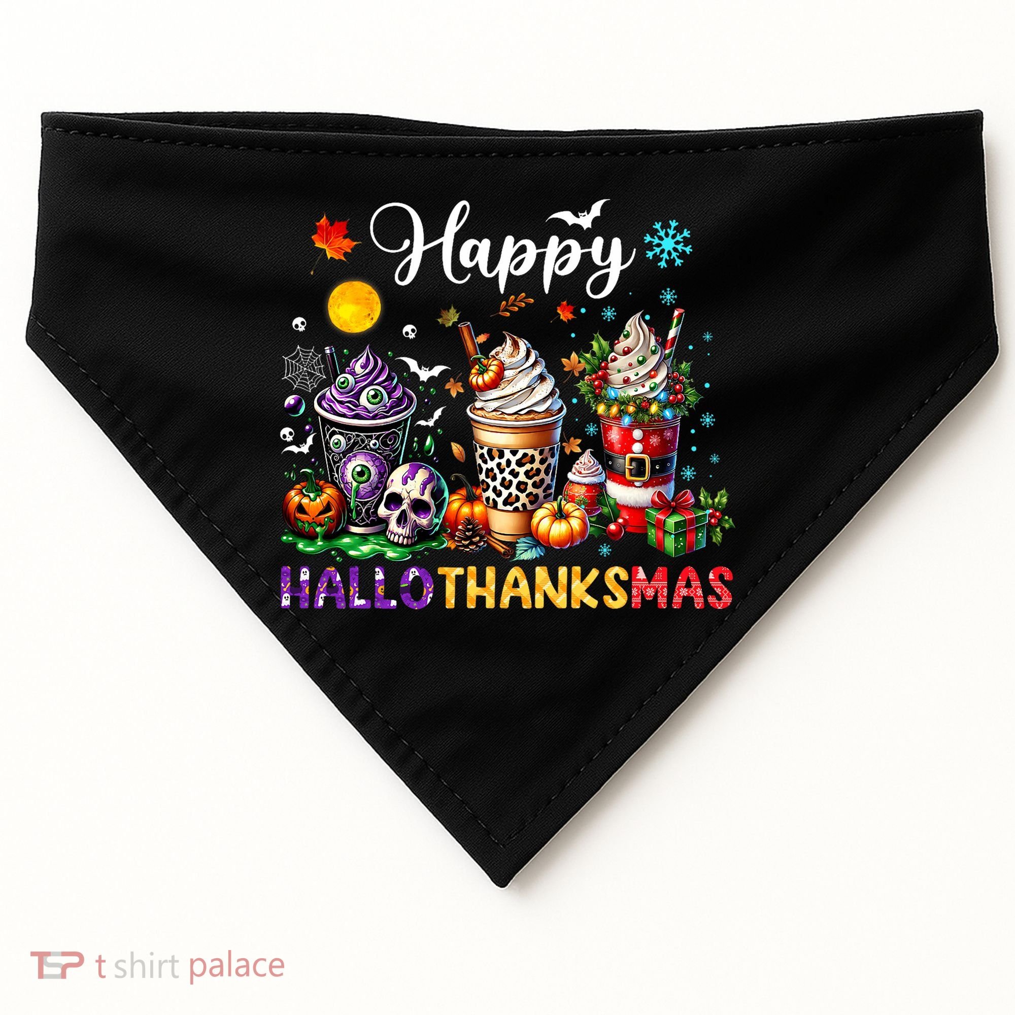 Happy Hallothanksmas Halloween Coffee Latte Thanksgiving USA-Made Doggie Bandana