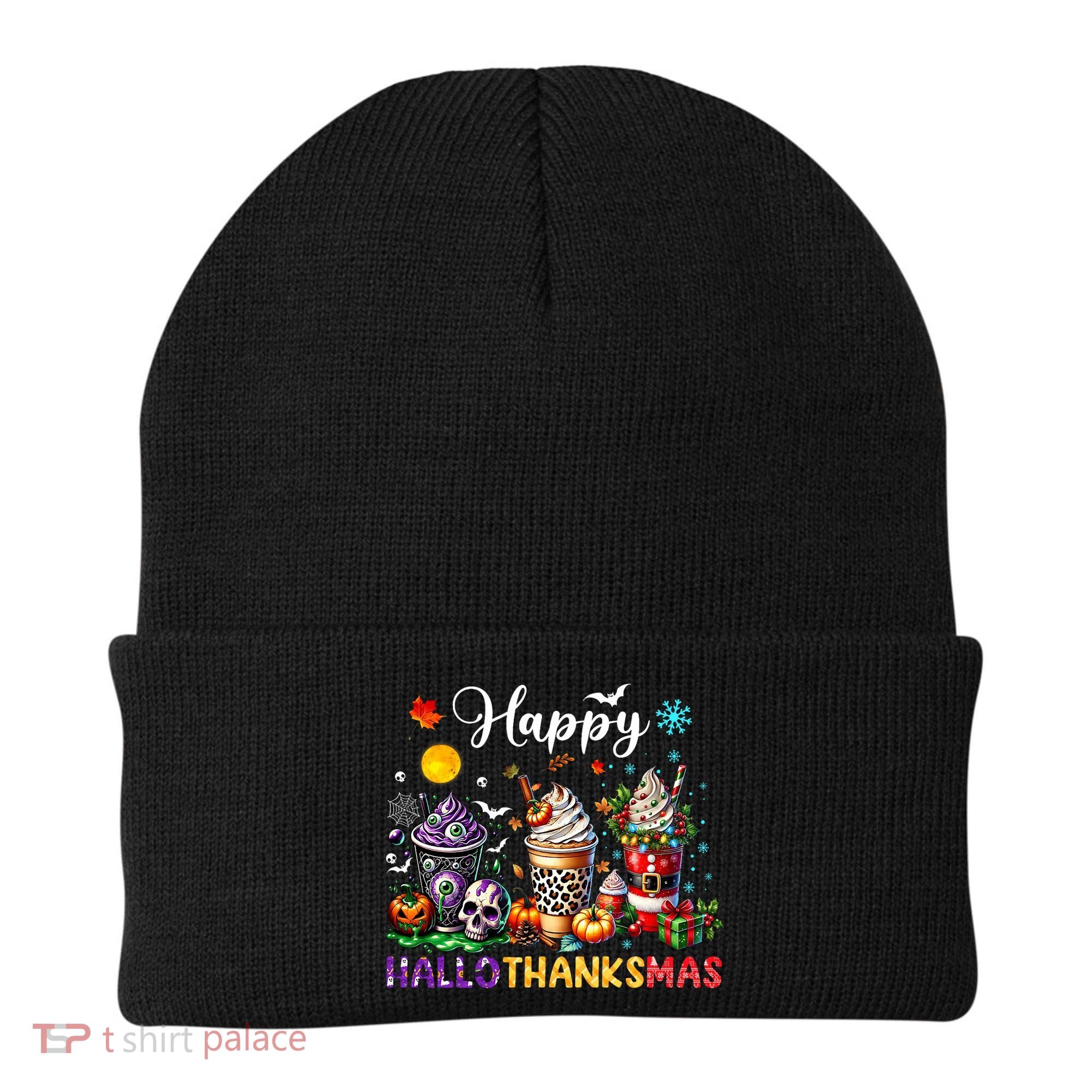 Happy Hallothanksmas Halloween Coffee Latte Thanksgiving Beanie