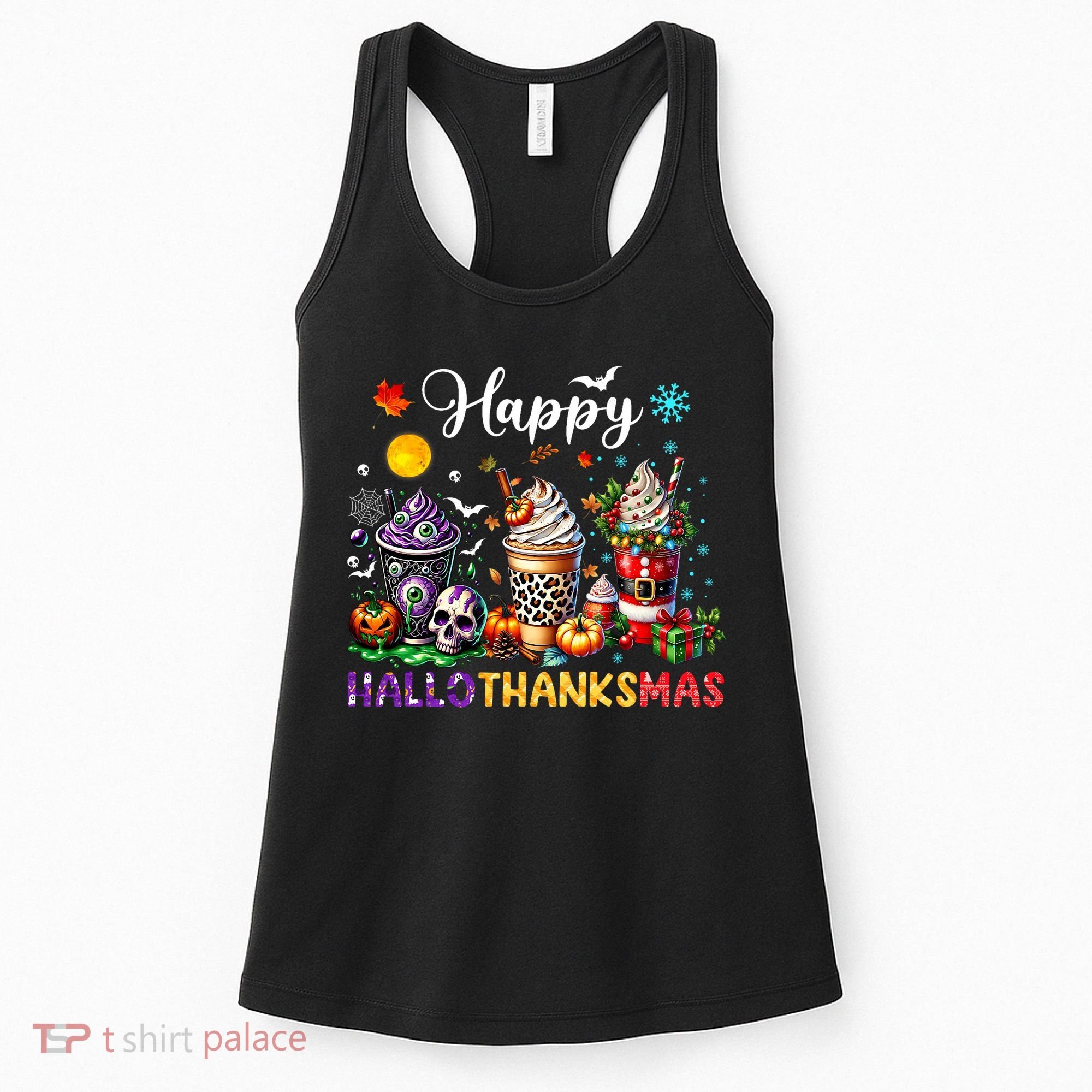 Happy Hallothanksmas Halloween Coffee Latte Thanksgiving Women's Tank Top