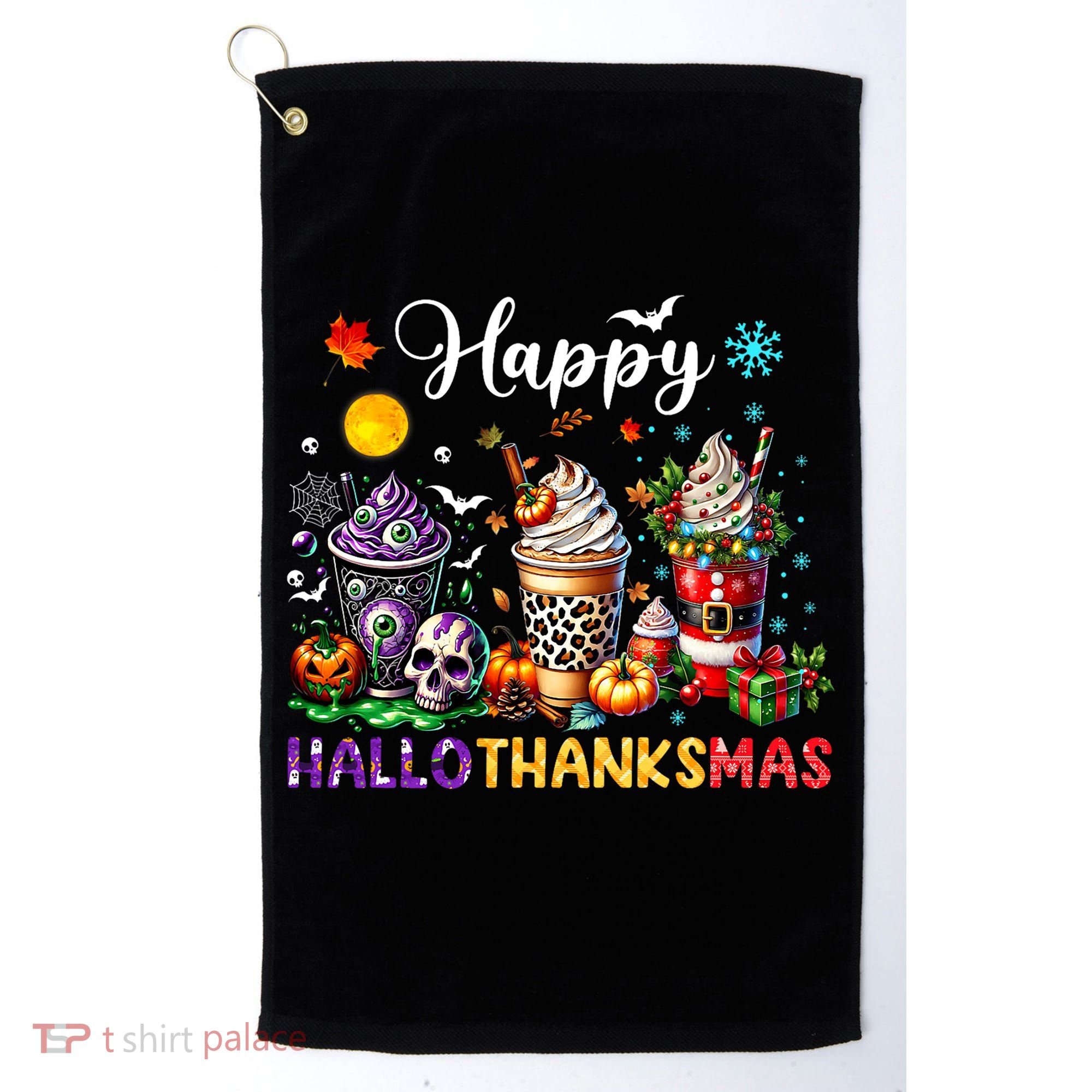 Happy Hallothanksmas Halloween Coffee Latte Thanksgiving Golf Towel