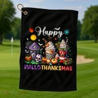 Happy Hallothanksmas Halloween Coffee Latte Thanksgiving Golf Towel thumb 1
