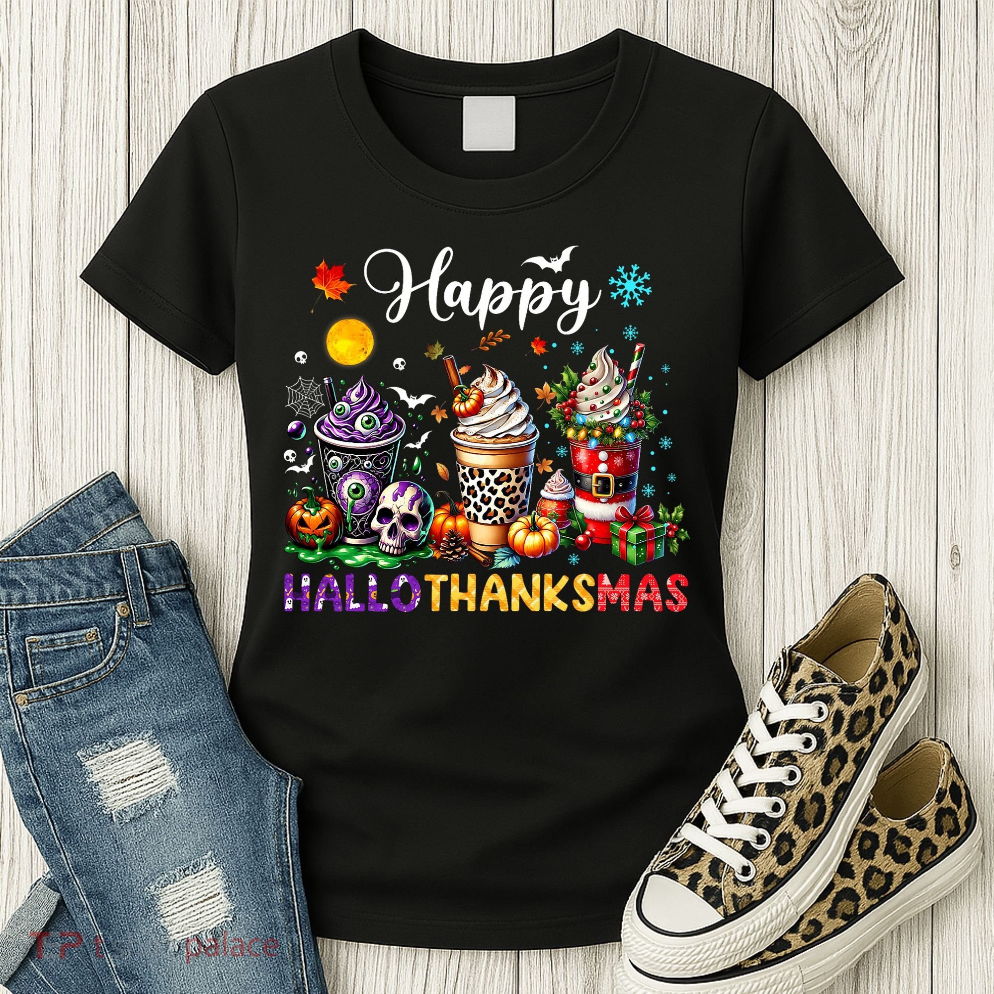 Happy Hallothanksmas Halloween Coffee Latte Thanksgiving Women's T-Shirt