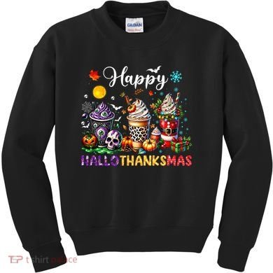 Happy Hallothanksmas Halloween Coffee Latte Thanksgiving Kids Sweatshirt
