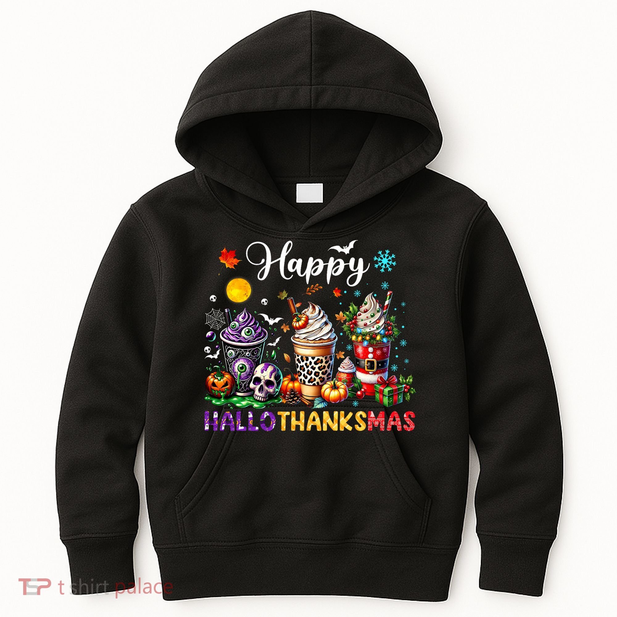Happy Hallothanksmas Halloween Coffee Latte Thanksgiving Kids Hoodie