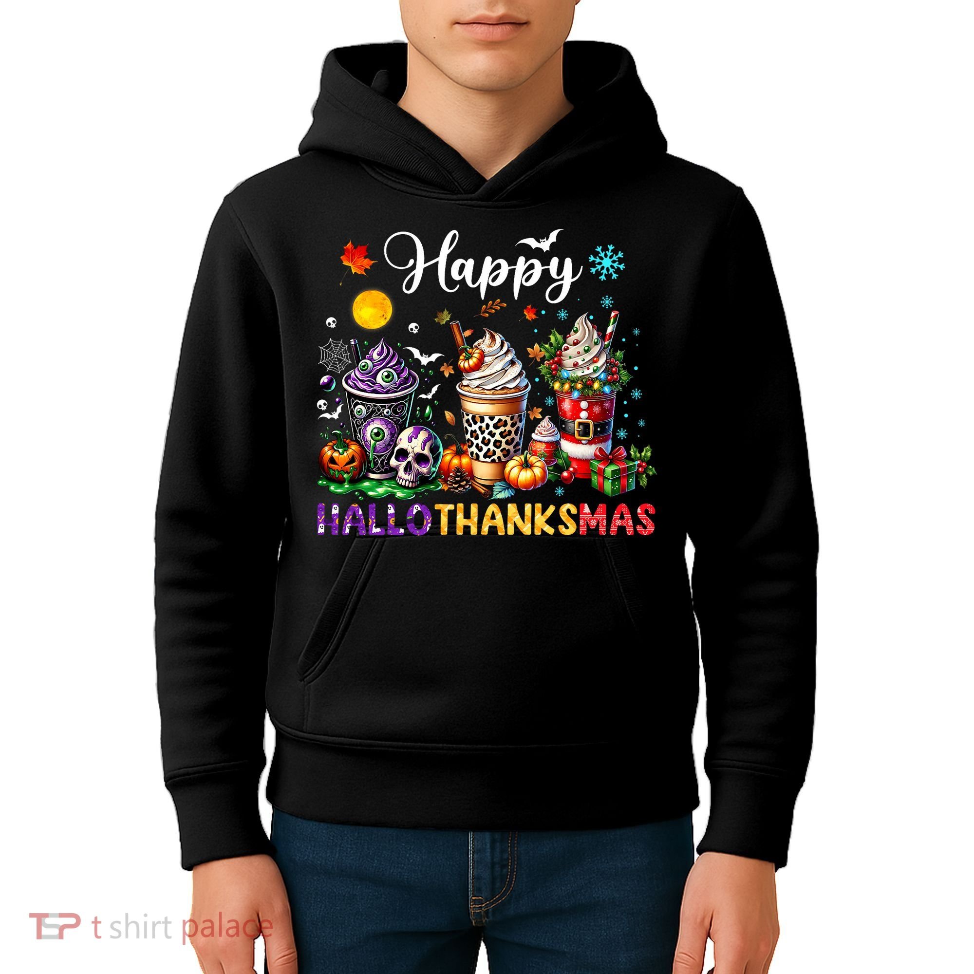 Happy Hallothanksmas Halloween Coffee Latte Thanksgiving Kids Hoodie