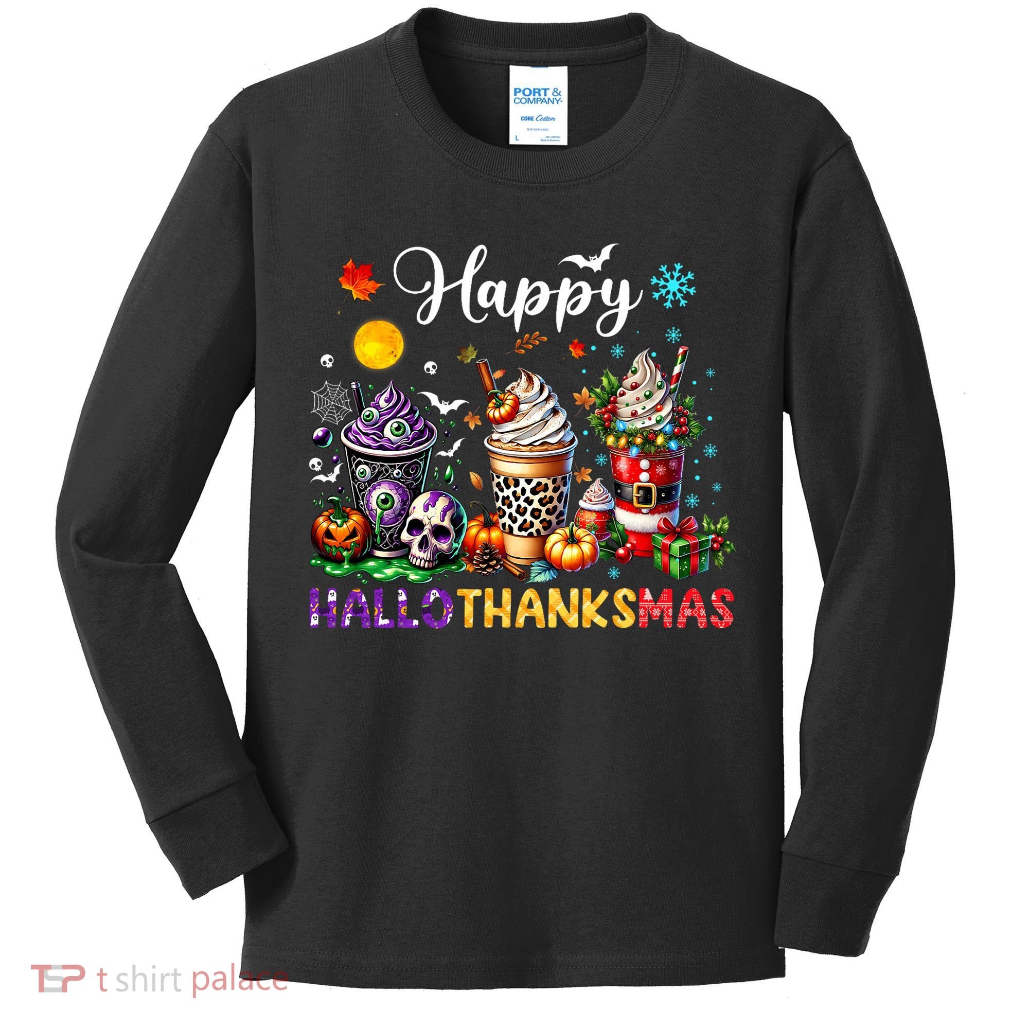 Happy Hallothanksmas Halloween Coffee Latte Thanksgiving Kids Long Sleeve Shirt
