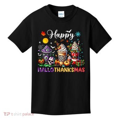 Happy Hallothanksmas Halloween Coffee Latte Thanksgiving Kids T-Shirt
