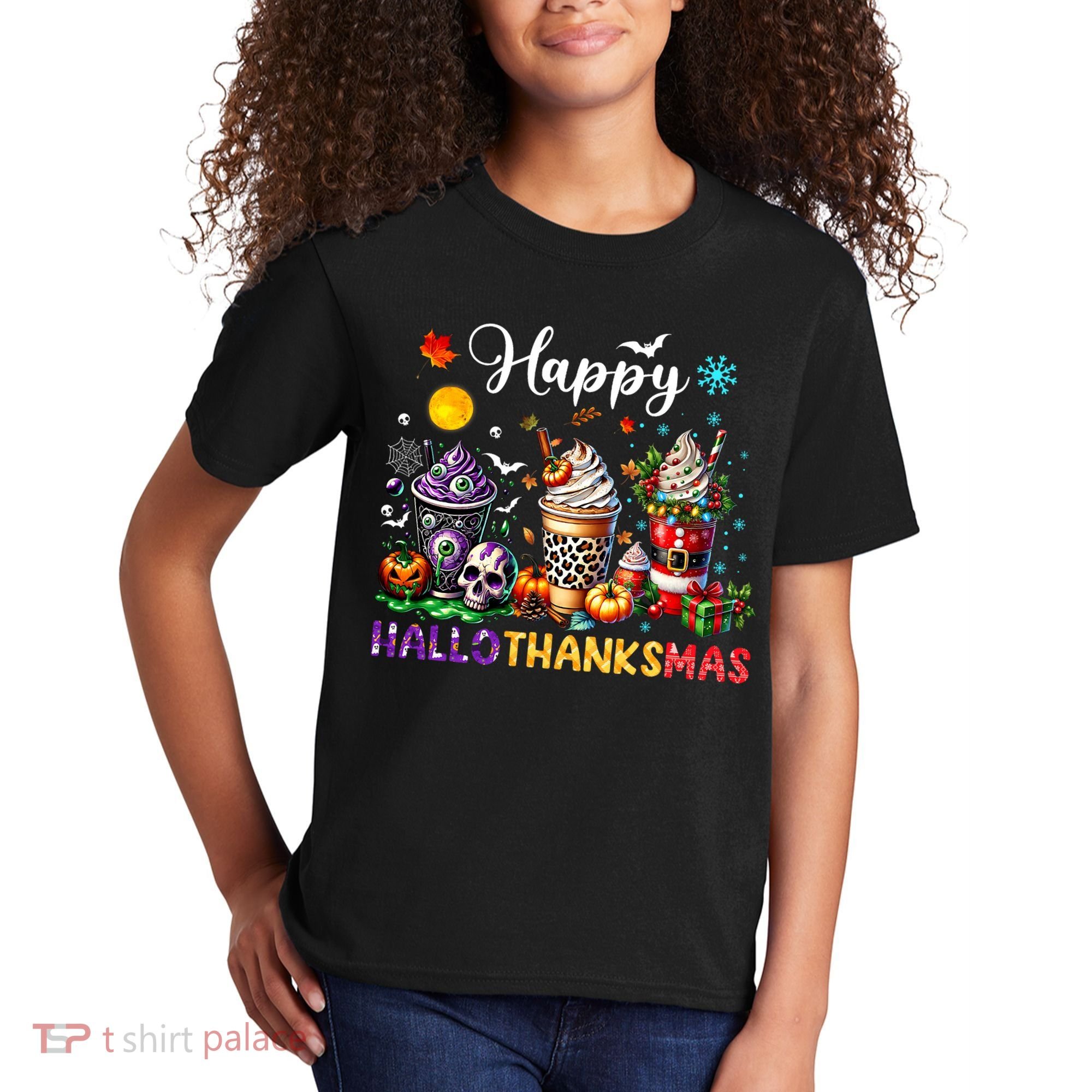 Happy Hallothanksmas Halloween Coffee Latte Thanksgiving Kids T-Shirt