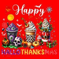 Happy Hallothanksmas Halloween Coffee Latte Thanksgiving Santa Hat thumb 1