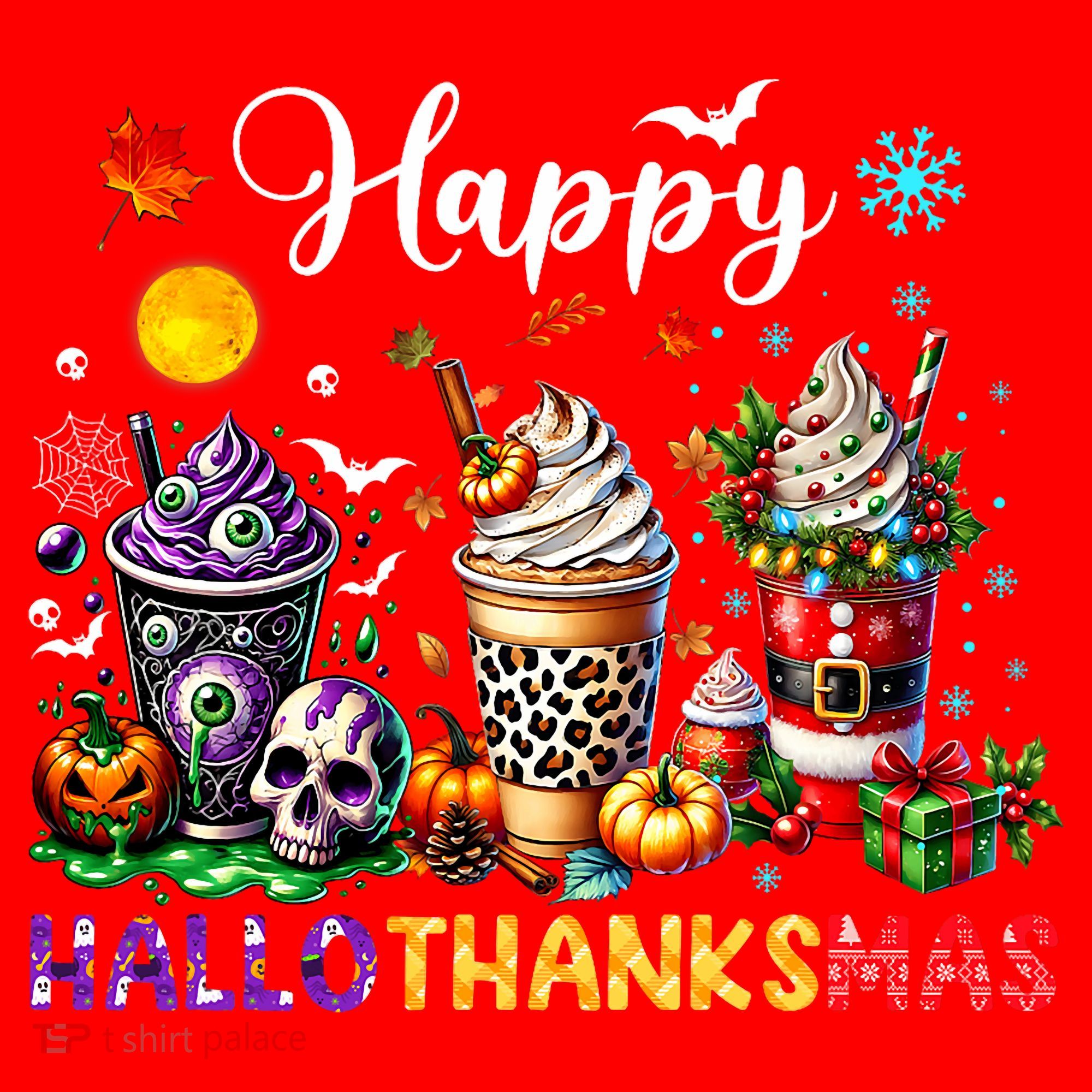 Happy Hallothanksmas Halloween Coffee Latte Thanksgiving Santa Hat