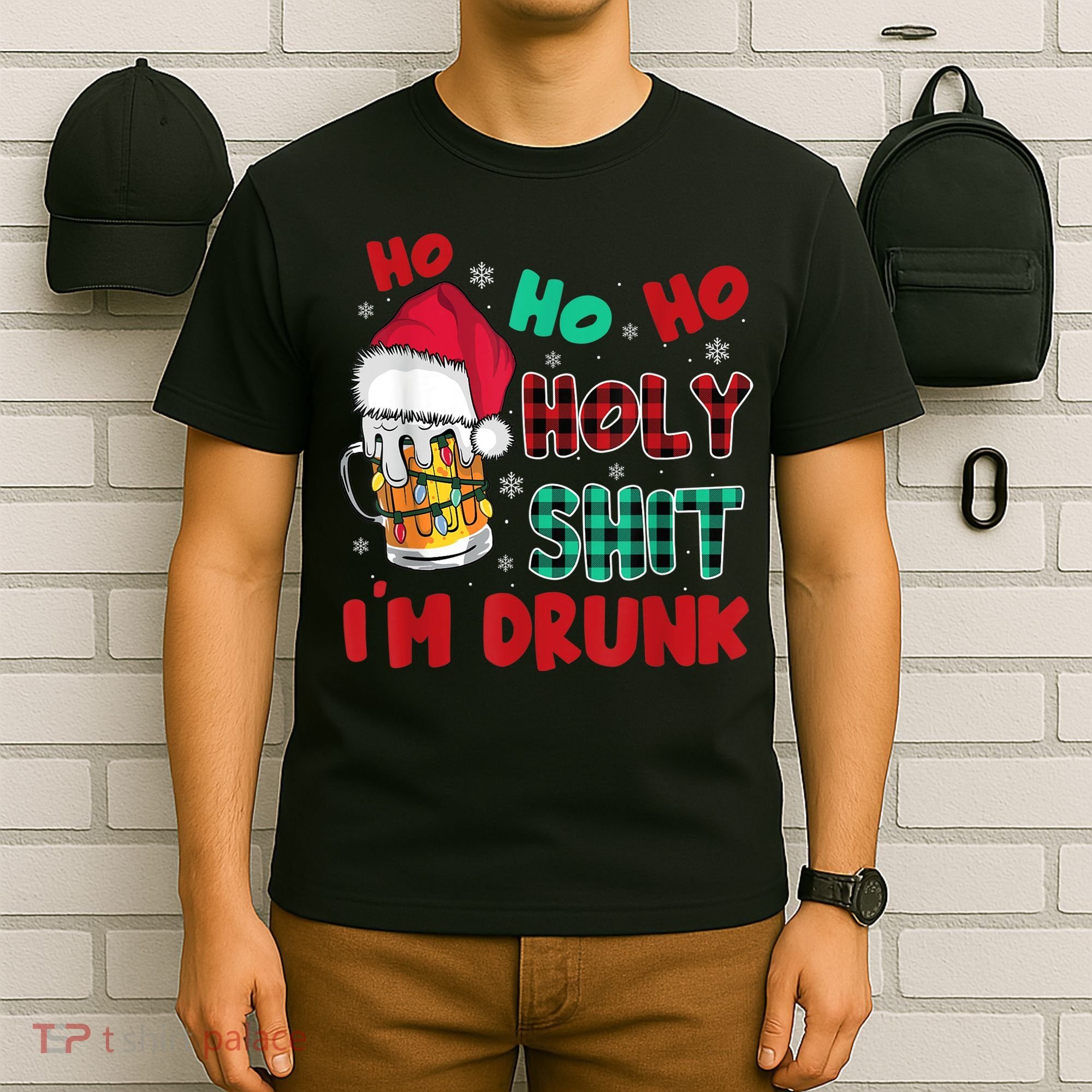 Ho Ho Holy Shit I'm Drunk Beer Santa Hat Christmas Drinking T-Shirt