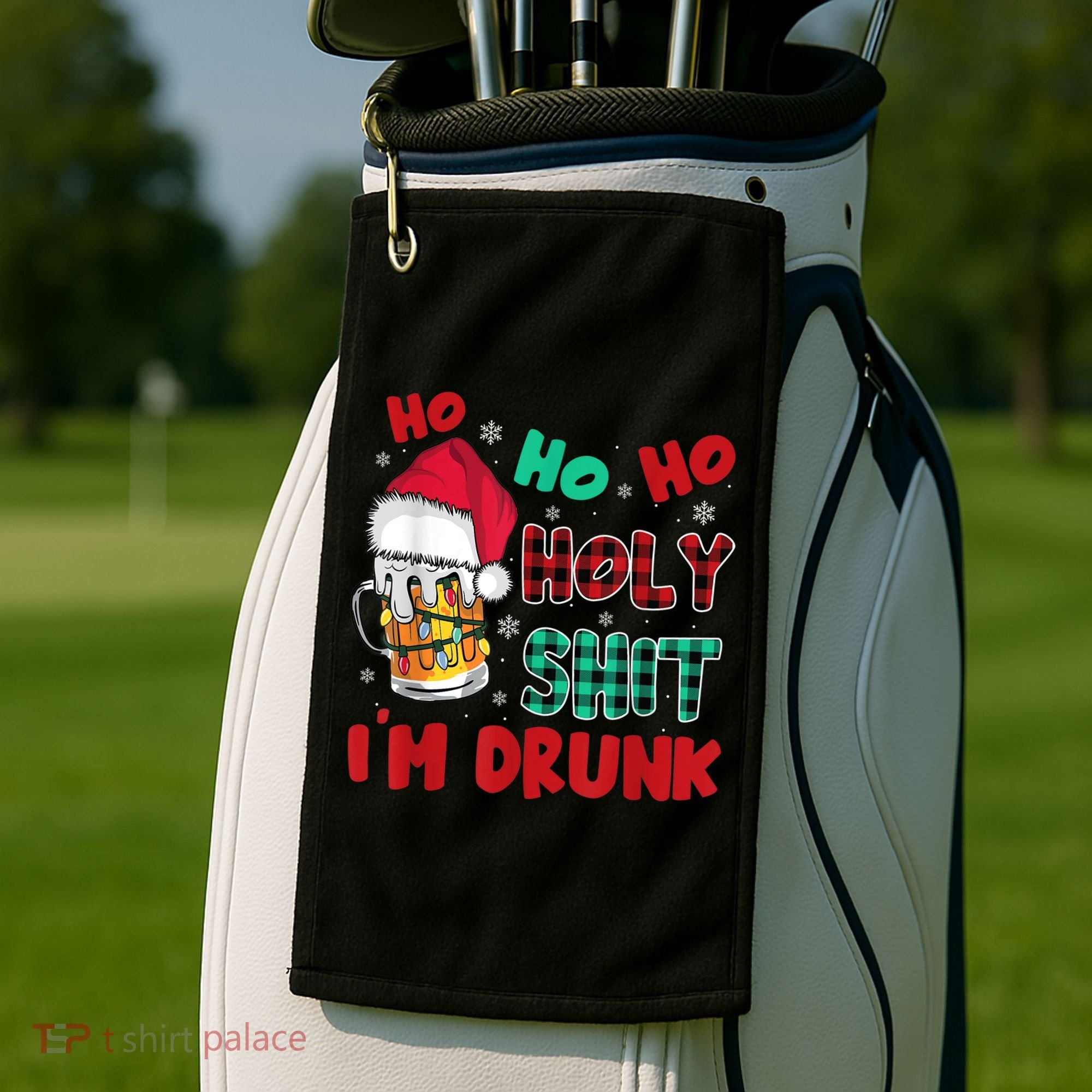 Ho Ho Holy Shit I'm Drunk Beer Santa Hat Christmas Drinking Golf Towel