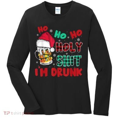 Ho Ho Holy Shit I'm Drunk Beer Santa Hat Christmas Drinking Women's Long Sleeve Shirt