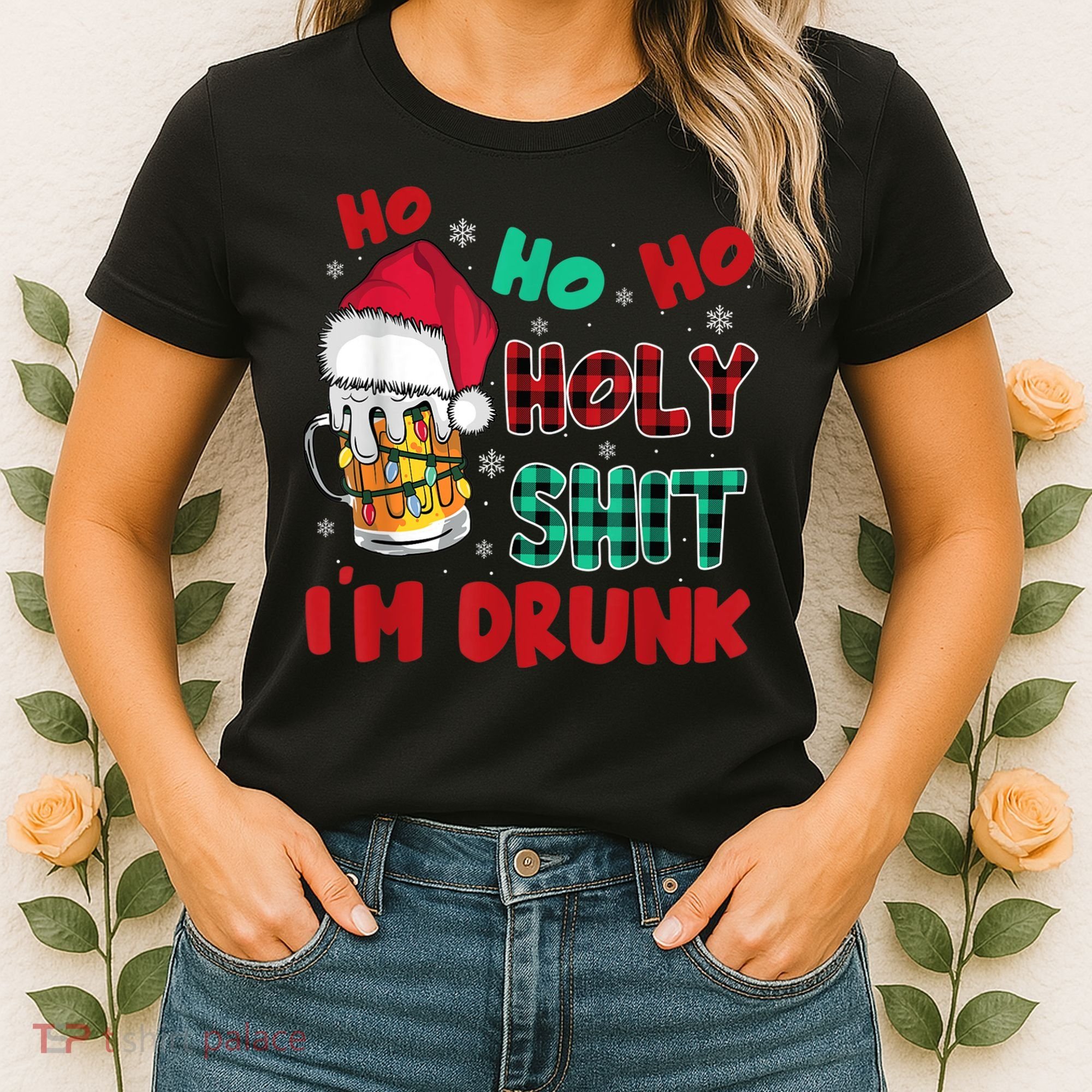 Ho Ho Holy Shit I'm Drunk Beer Santa Hat Christmas Drinking Women's T-Shirt