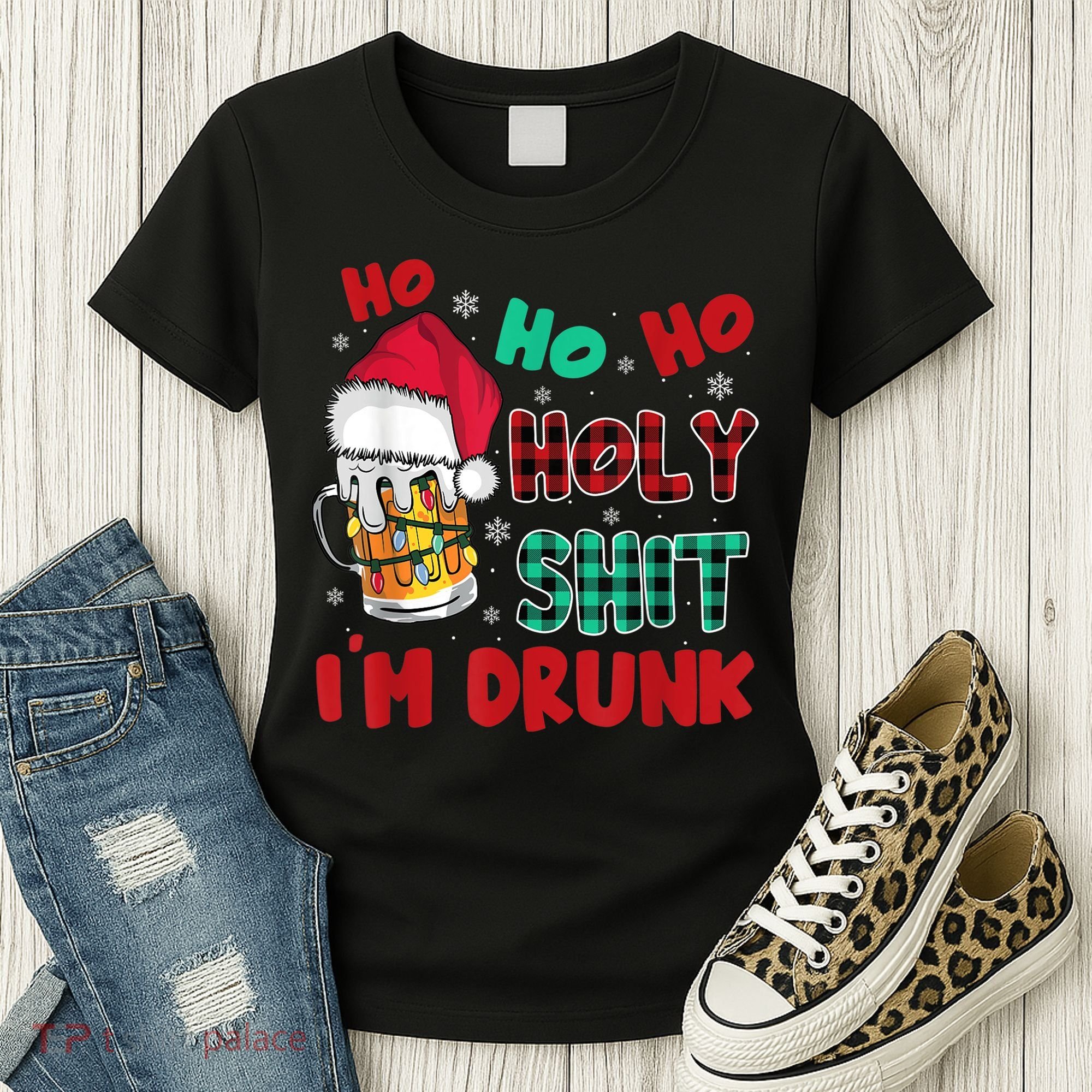 Ho Ho Holy Shit I'm Drunk Beer Santa Hat Christmas Drinking Women's T-Shirt